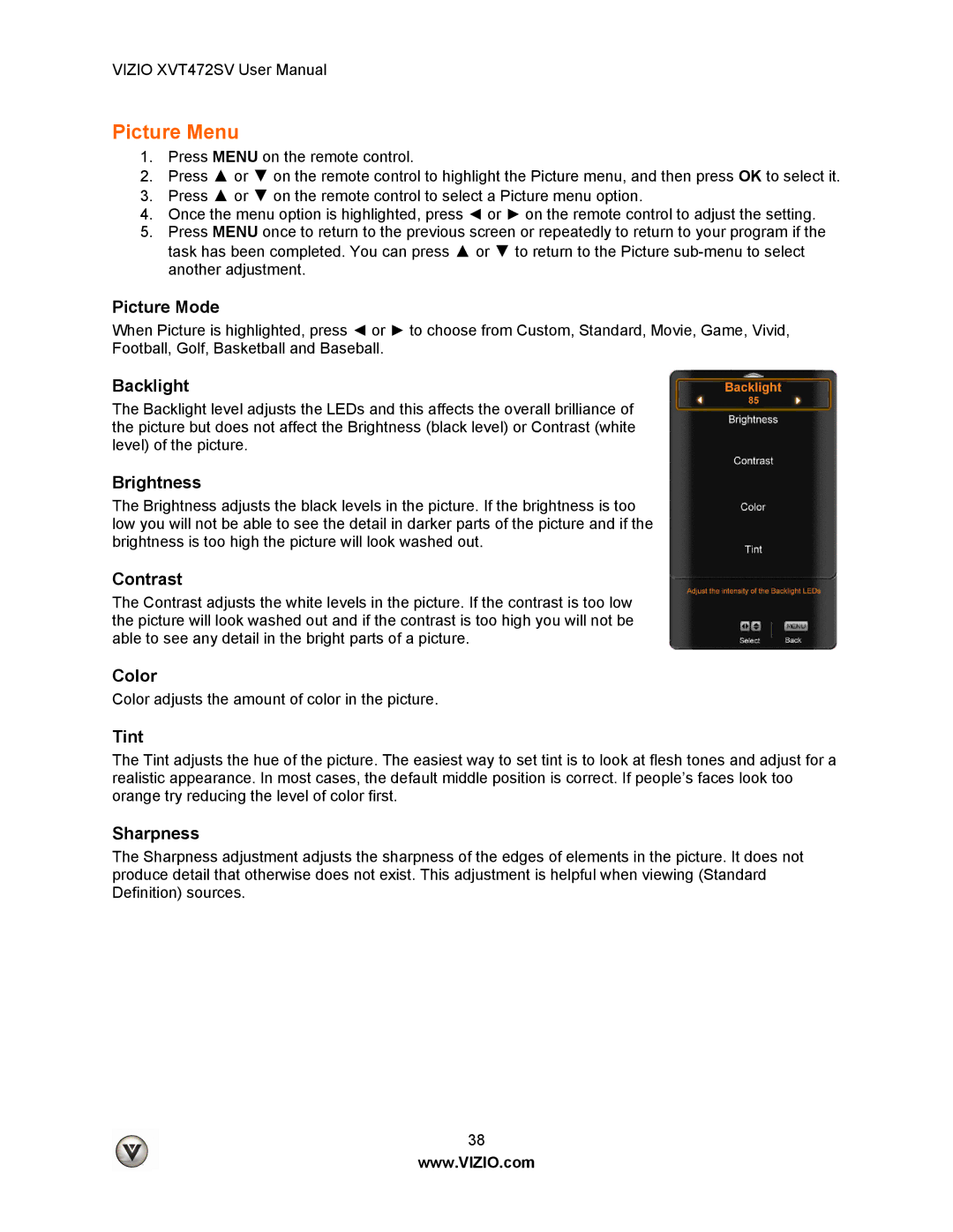 Vizio XVT472SV manual Picture Menu 