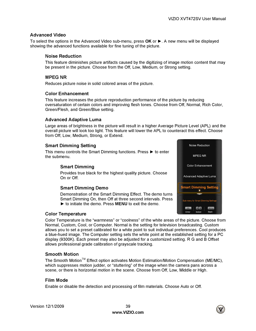 Vizio XVT472SV manual Advanced Video, Noise Reduction, Color Enhancement, Advanced Adaptive Luma, Smart Dimming Setting 