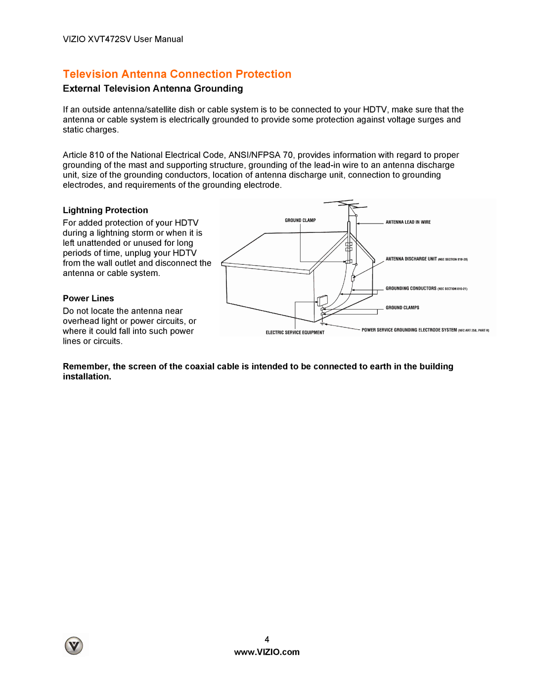 Vizio XVT472SV manual Television Antenna Connection Protection, External Television Antenna Grounding 