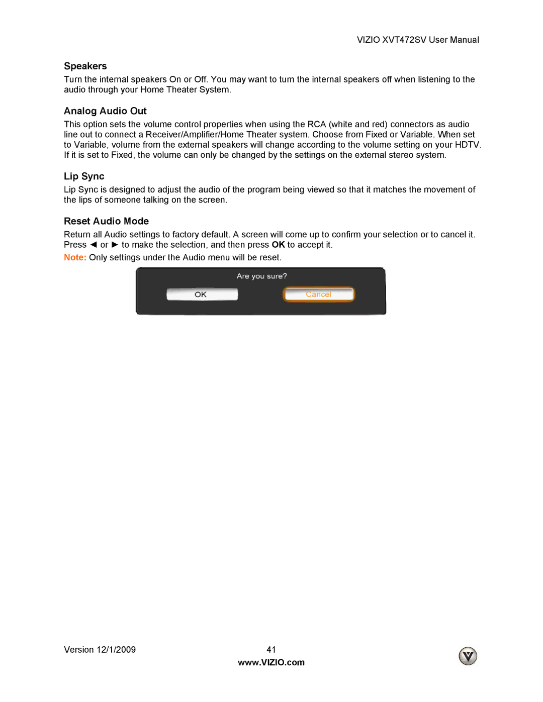 Vizio XVT472SV manual Speakers, Analog Audio Out, Lip Sync, Reset Audio Mode 