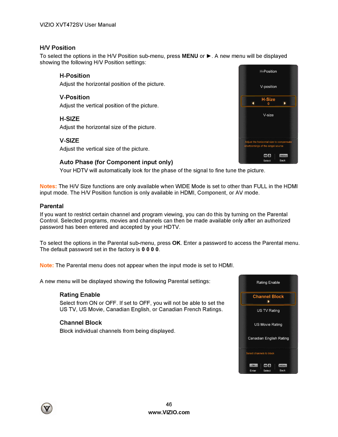 Vizio XVT472SV manual Position, Auto Phase for Component input only, Parental, Rating Enable, Channel Block 