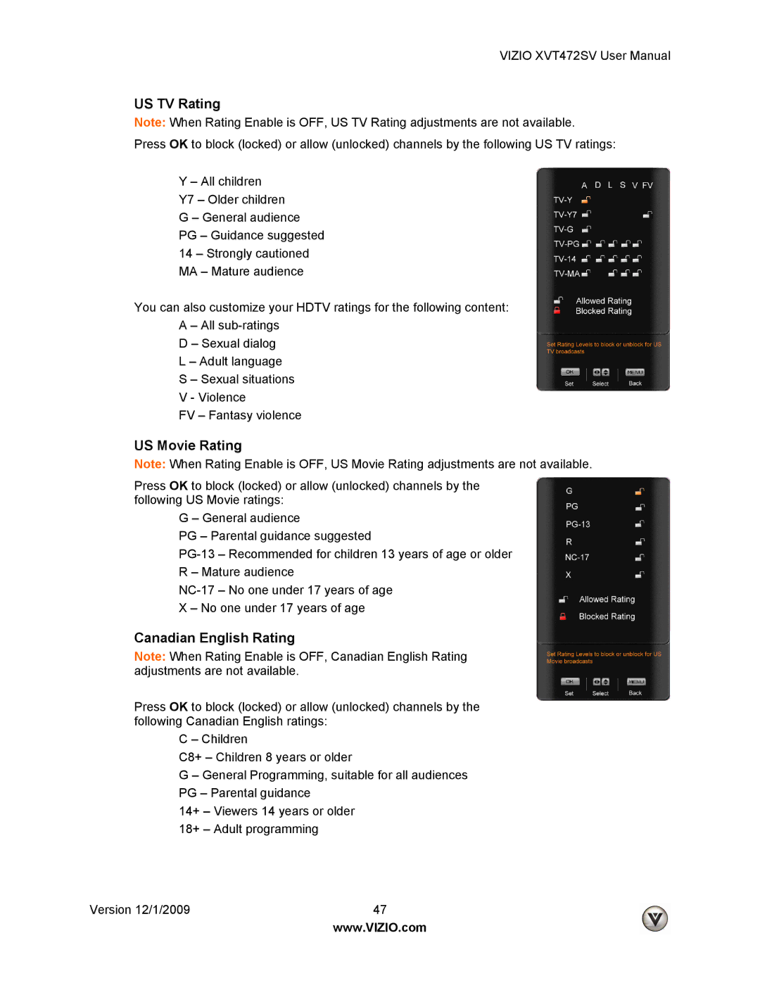 Vizio XVT472SV manual US TV Rating, US Movie Rating, Canadian English Rating 