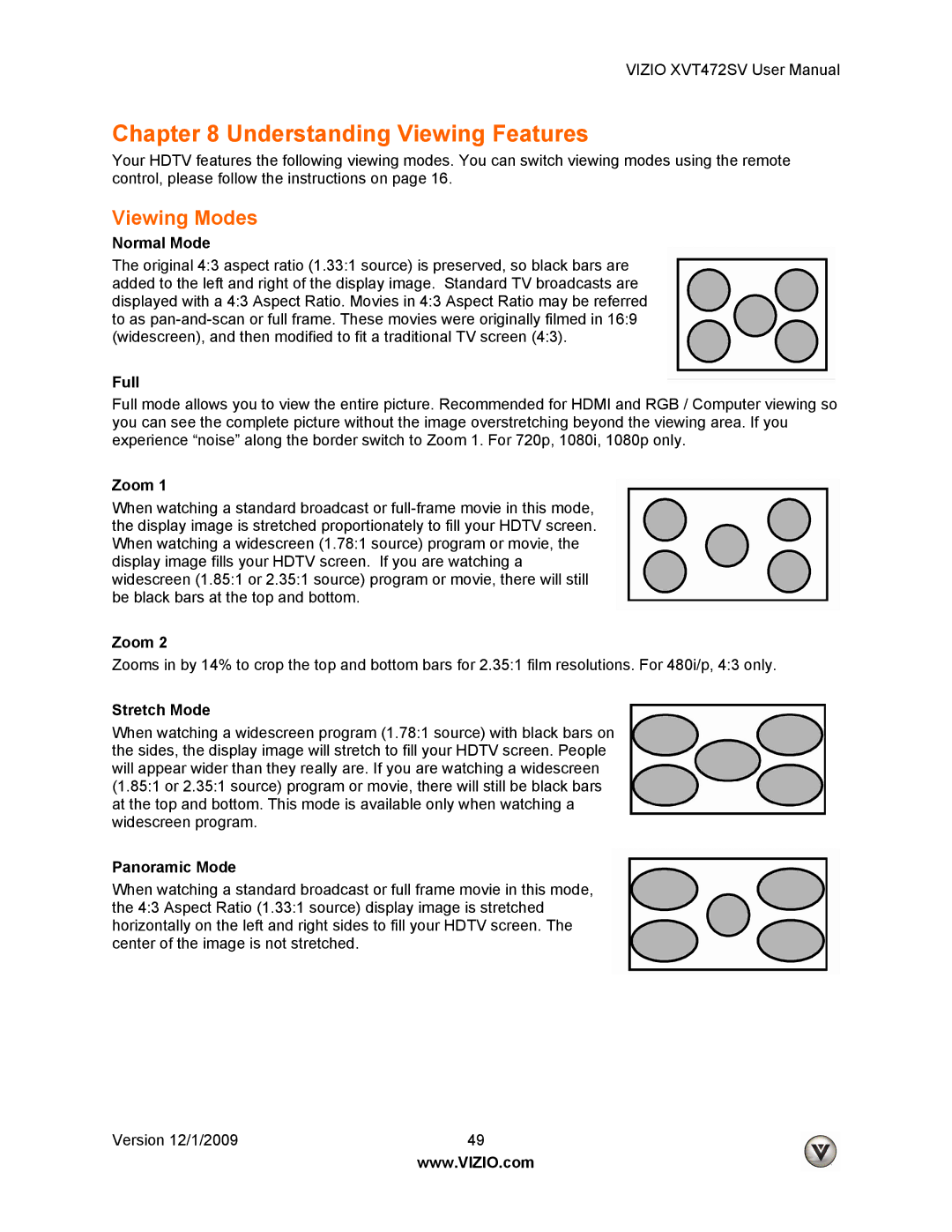 Vizio XVT472SV manual Understanding Viewing Features, Viewing Modes 