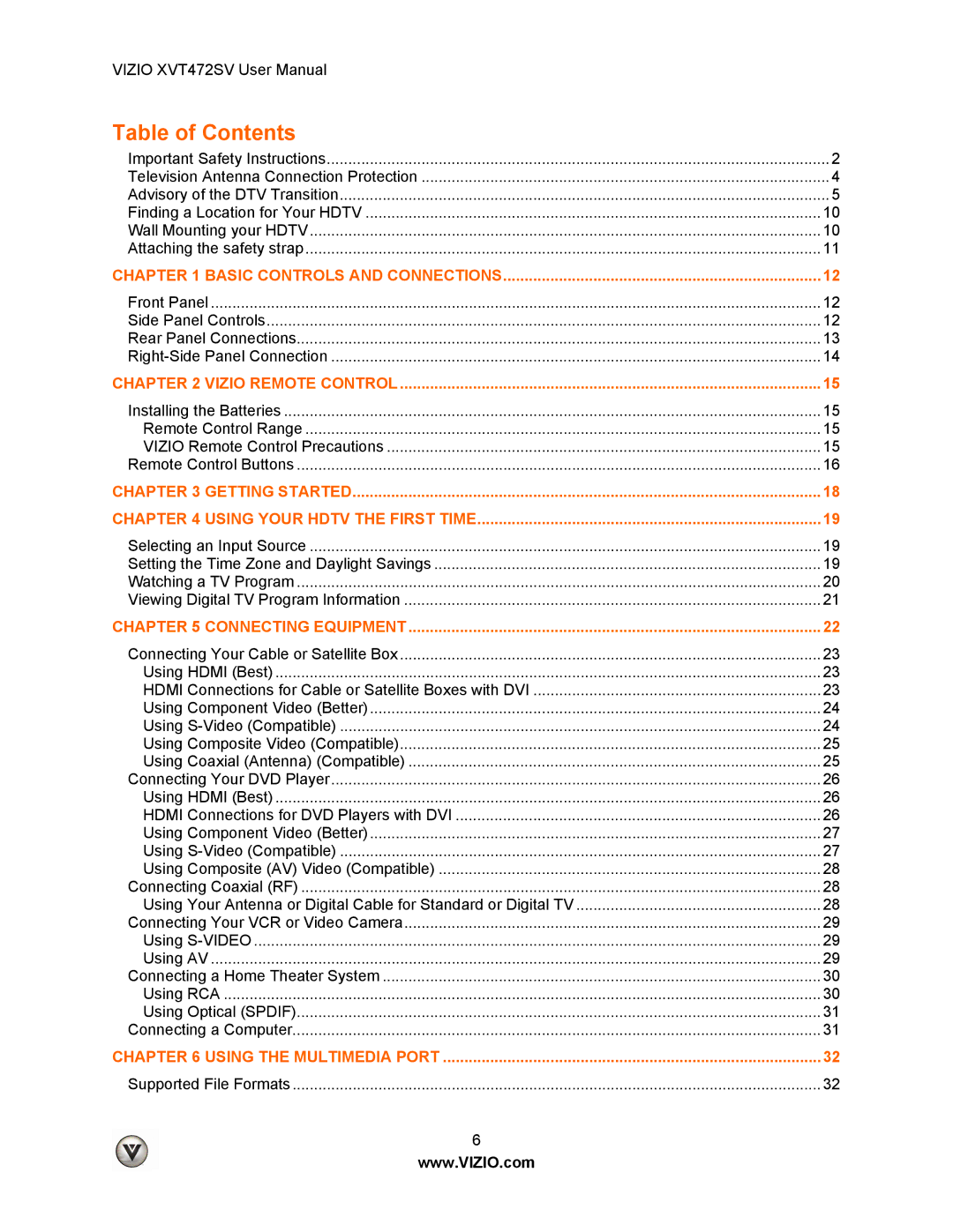 Vizio XVT472SV manual Table of Contents 