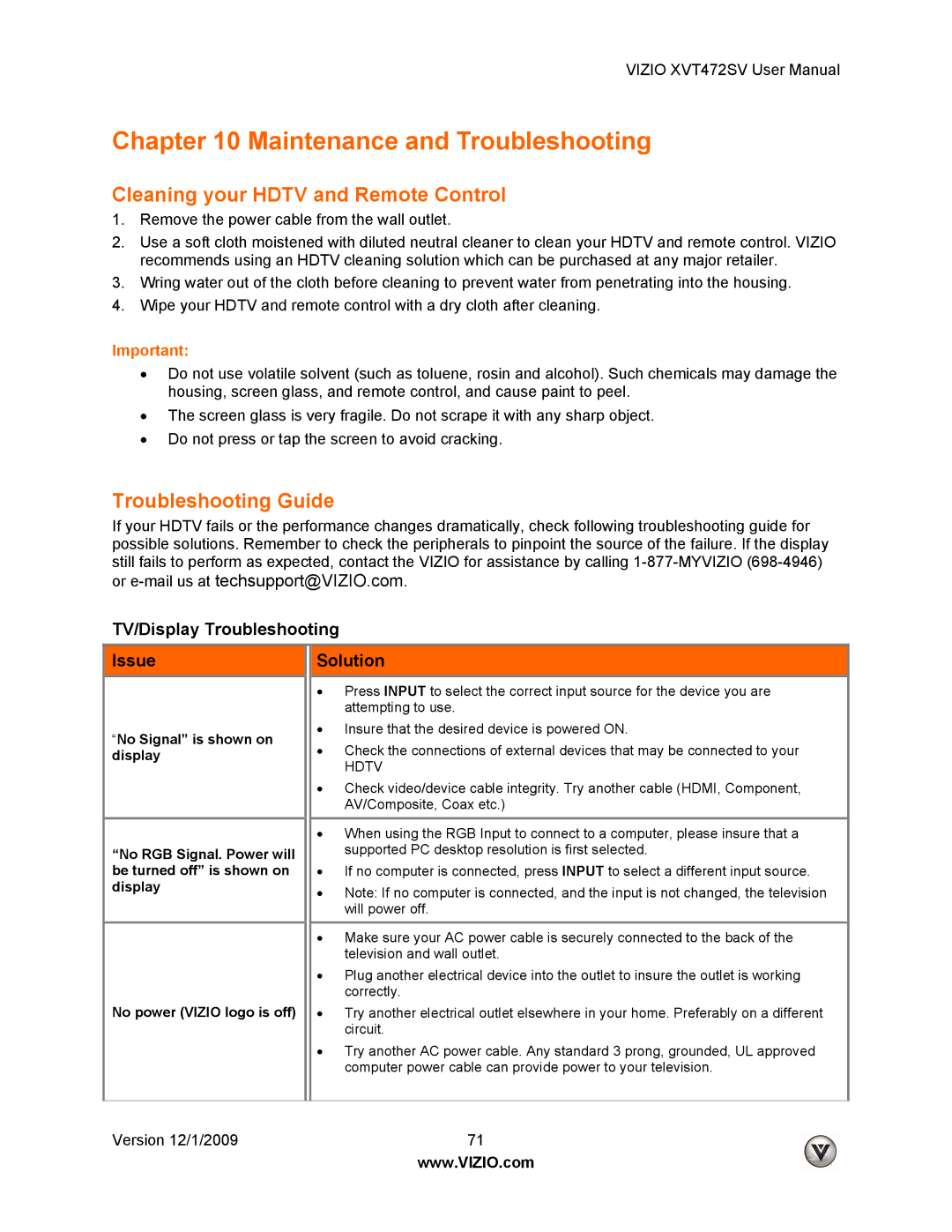 Vizio XVT472SV Cleaning your Hdtv and Remote Control, Troubleshooting Guide, TV/Display Troubleshooting Issue Solution 