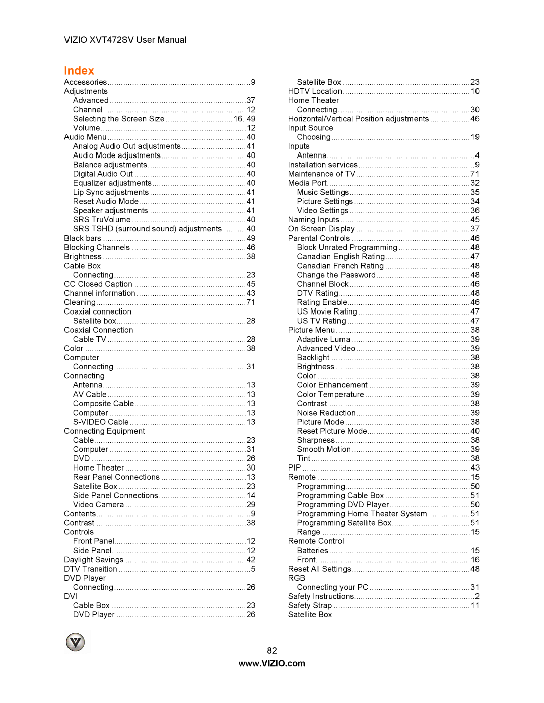 Vizio XVT472SV manual Index 