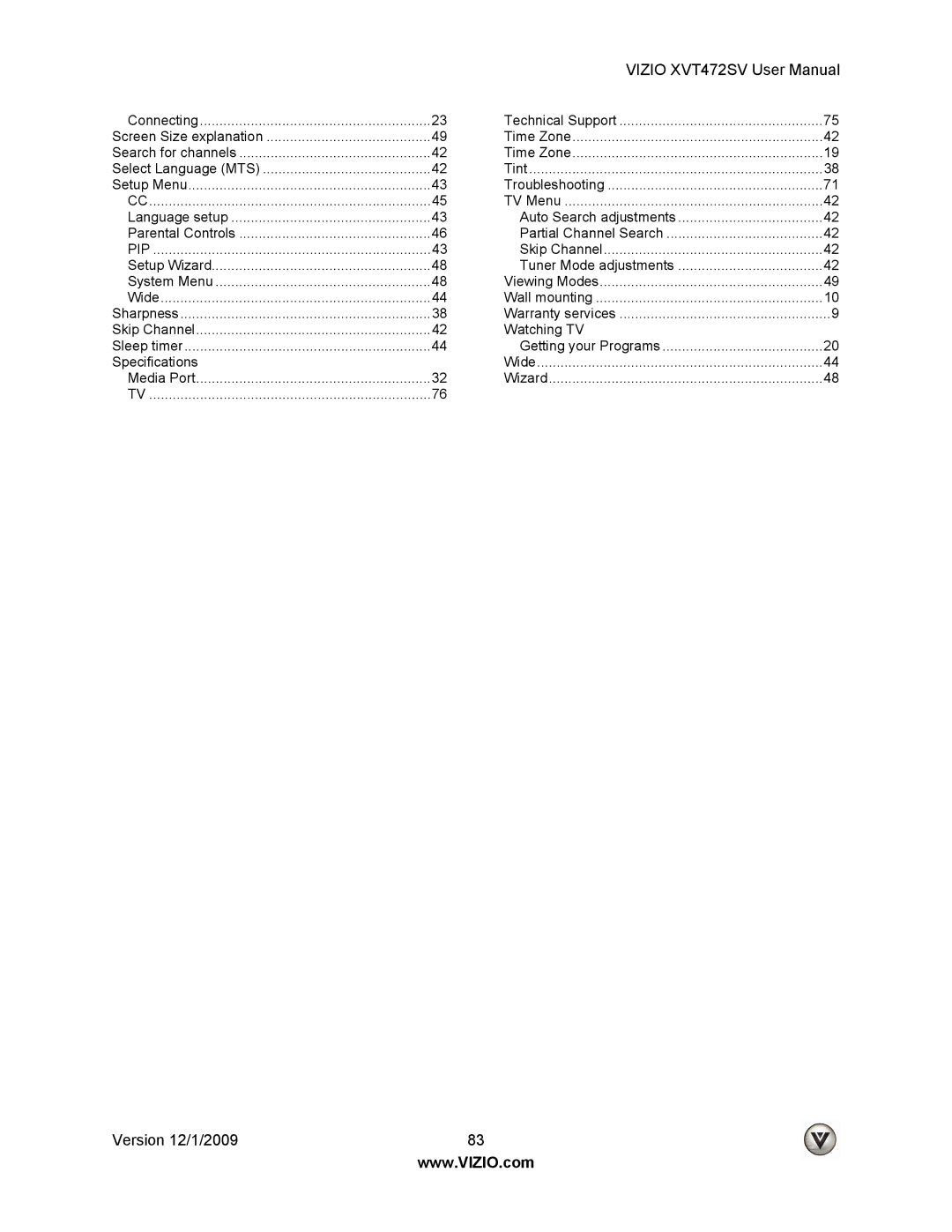 Vizio XVT472SV manual Specifications 