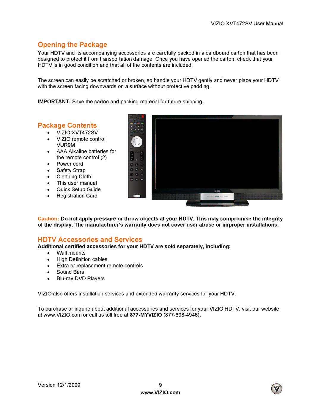 Vizio XVT472SV manual Opening the Package, Package Contents, Hdtv Accessories and Services 