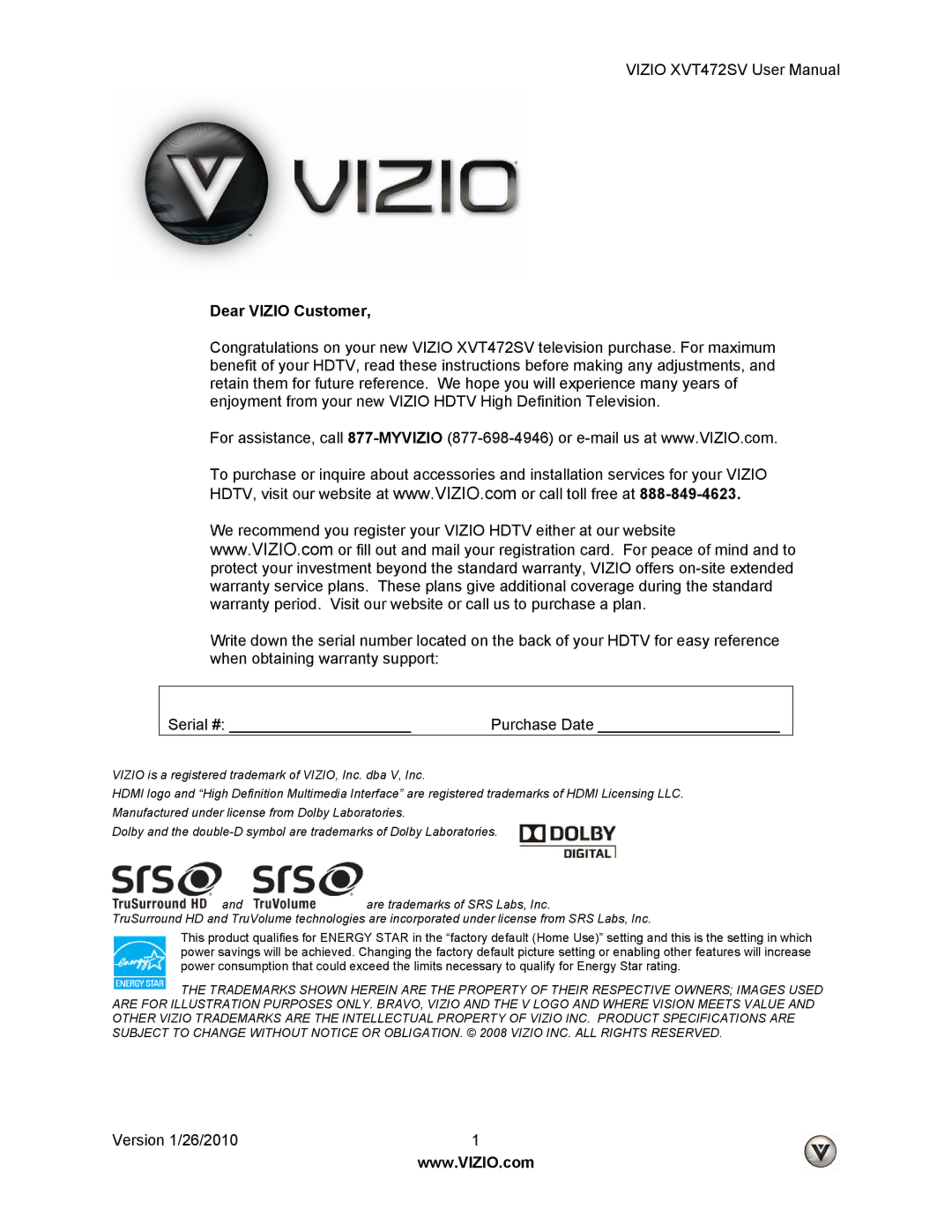 Vizio XVT472SV manual Dear Vizio Customer 