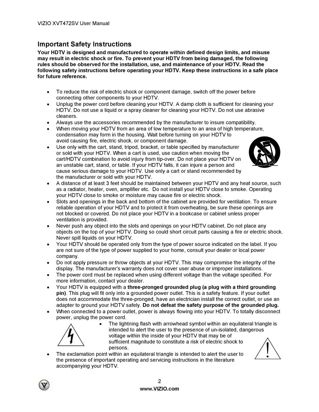 Vizio XVT472SV manual Important Safety Instructions 