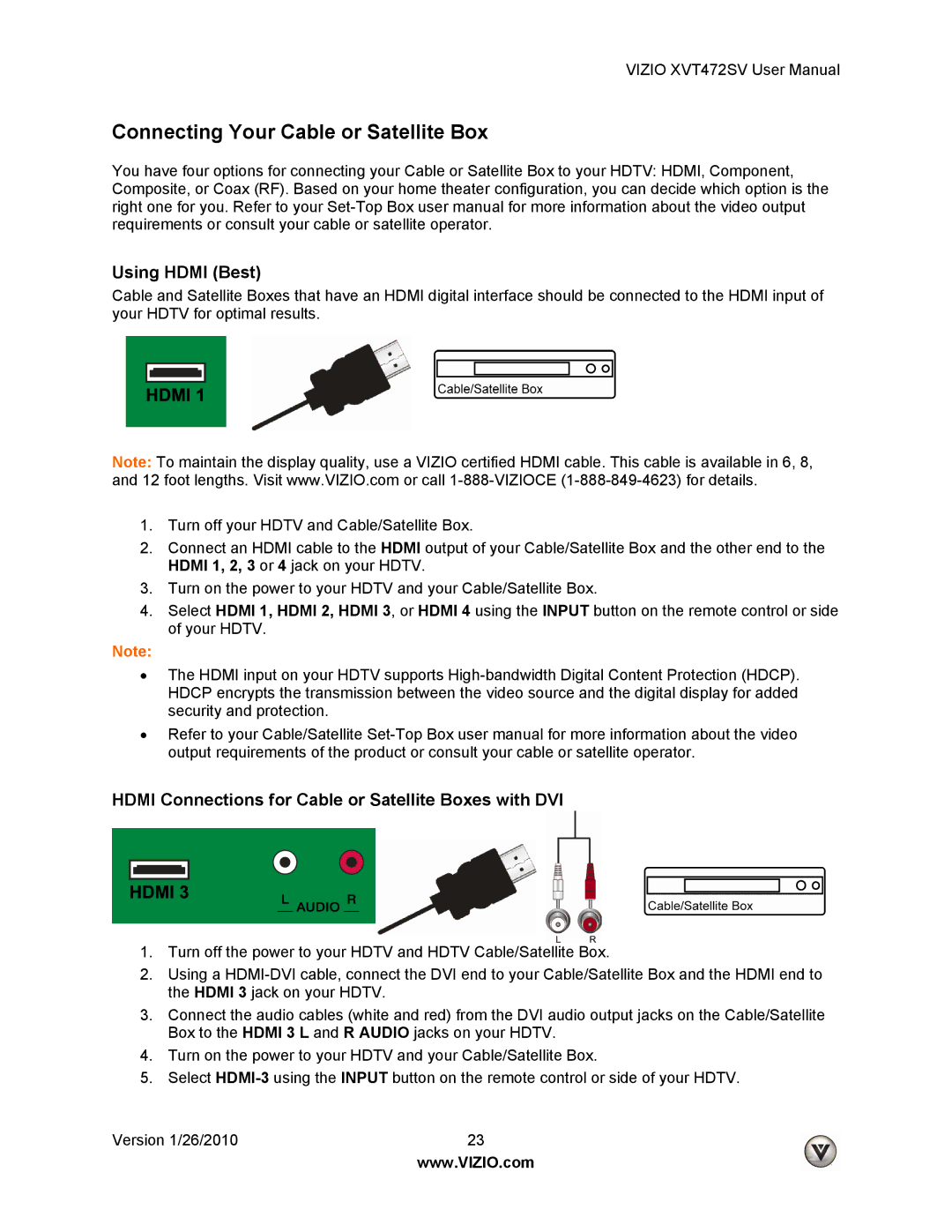 Vizio XVT472SV manual Connecting Your Cable or Satellite Box, Using Hdmi Best 