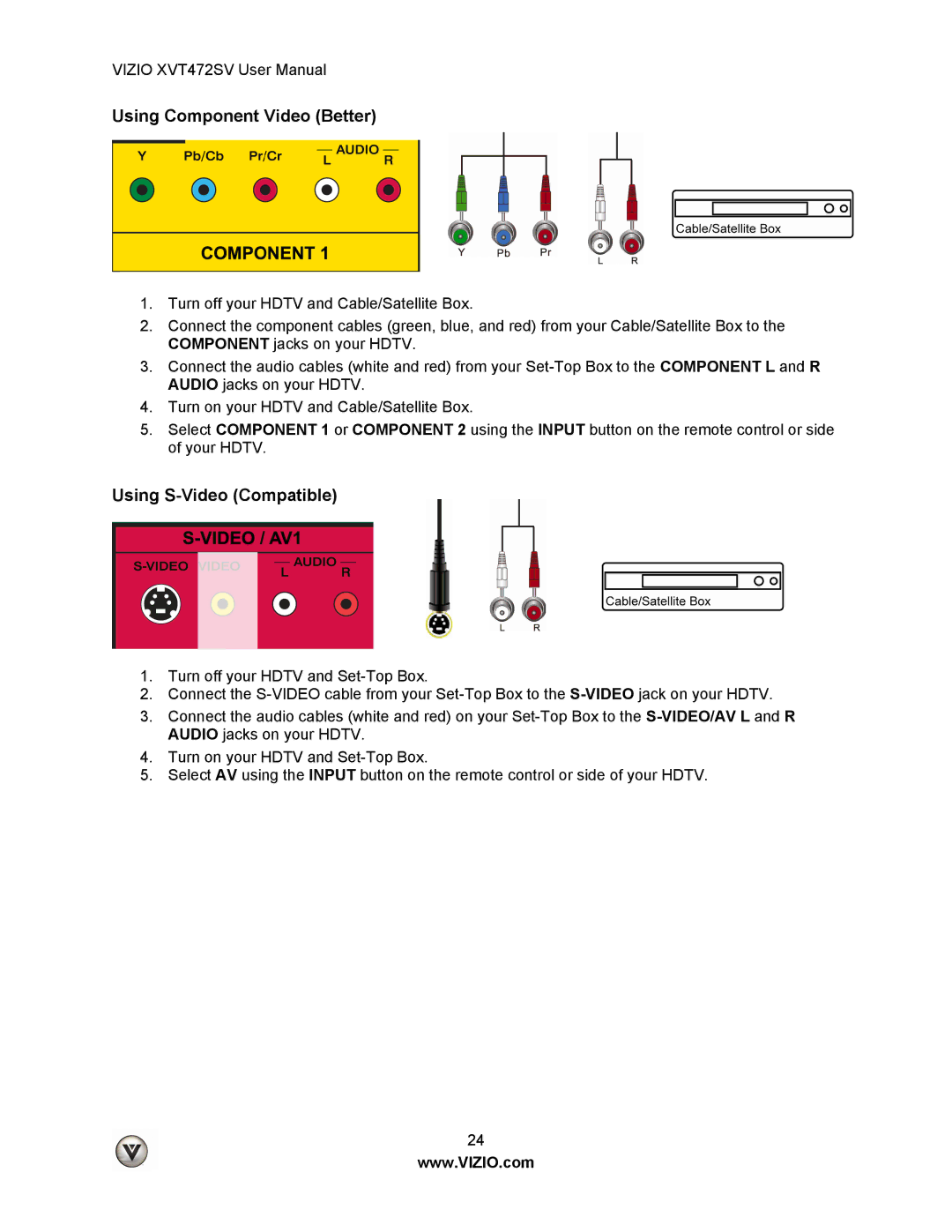 Vizio XVT472SV manual Using Component Video Better, Using S-Video Compatible 