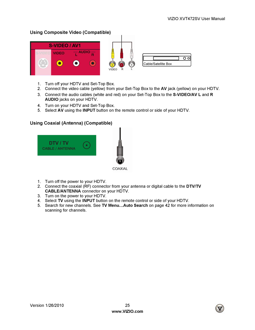 Vizio XVT472SV manual Using Composite Video Compatible, Using Coaxial Antenna Compatible 