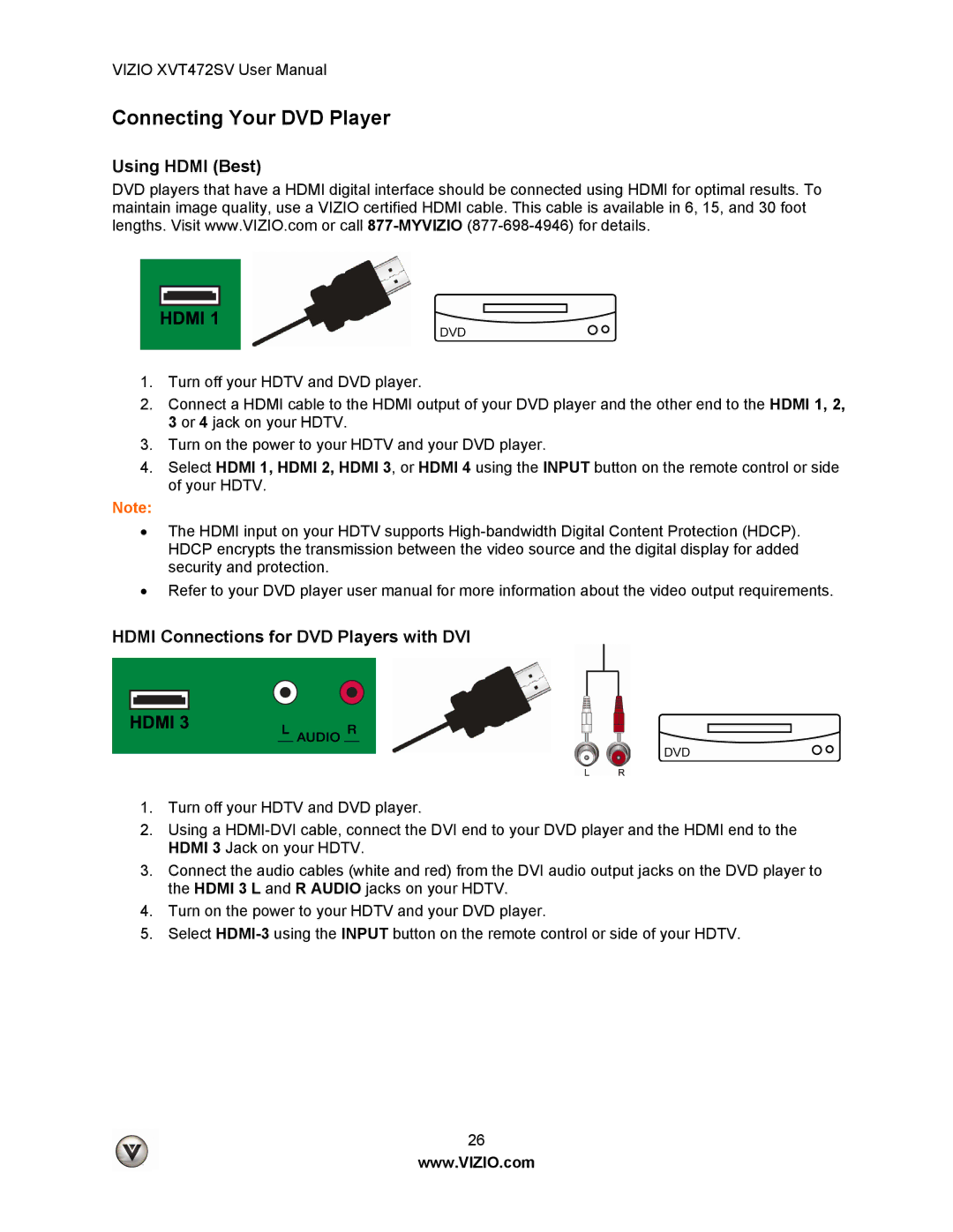 Vizio XVT472SV manual Connecting Your DVD Player, Hdmi Connections for DVD Players with DVI 