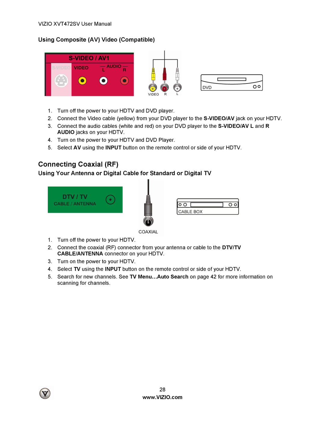 Vizio XVT472SV manual Connecting Coaxial RF, Using Composite AV Video Compatible 