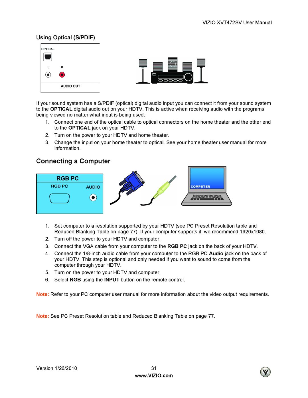 Vizio XVT472SV manual Connecting a Computer, Using Optical S/PDIF 