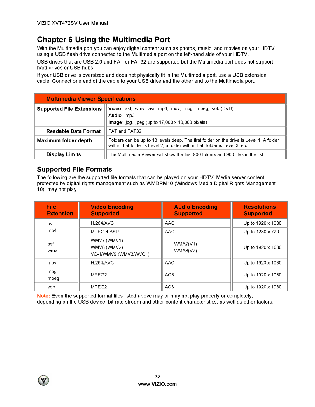 Vizio XVT472SV manual Supported File Formats, Multimedia Viewer Specifications 