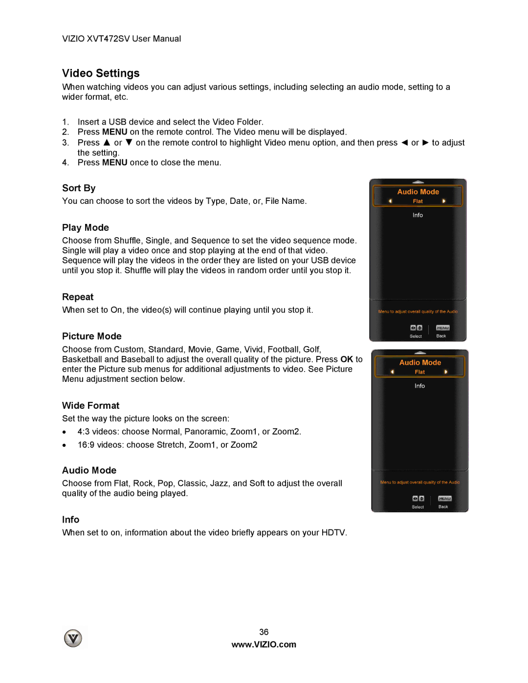 Vizio XVT472SV manual Video Settings, Picture Mode, Wide Format 