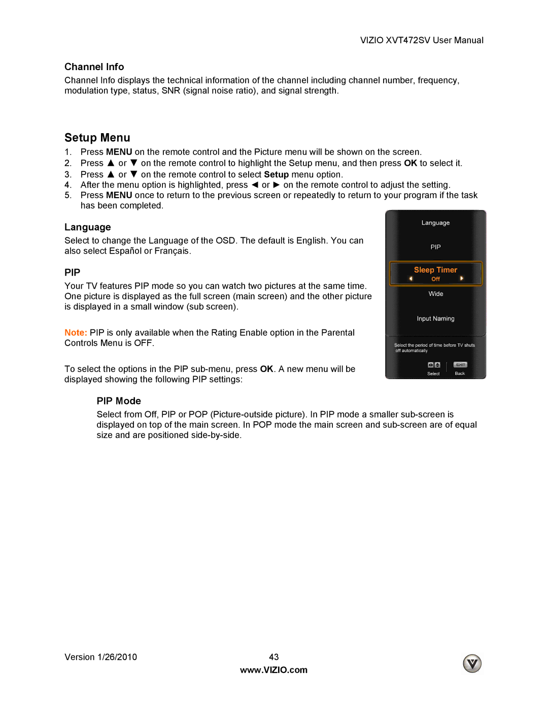 Vizio XVT472SV manual Setup Menu, Channel Info, Language, PIP Mode 