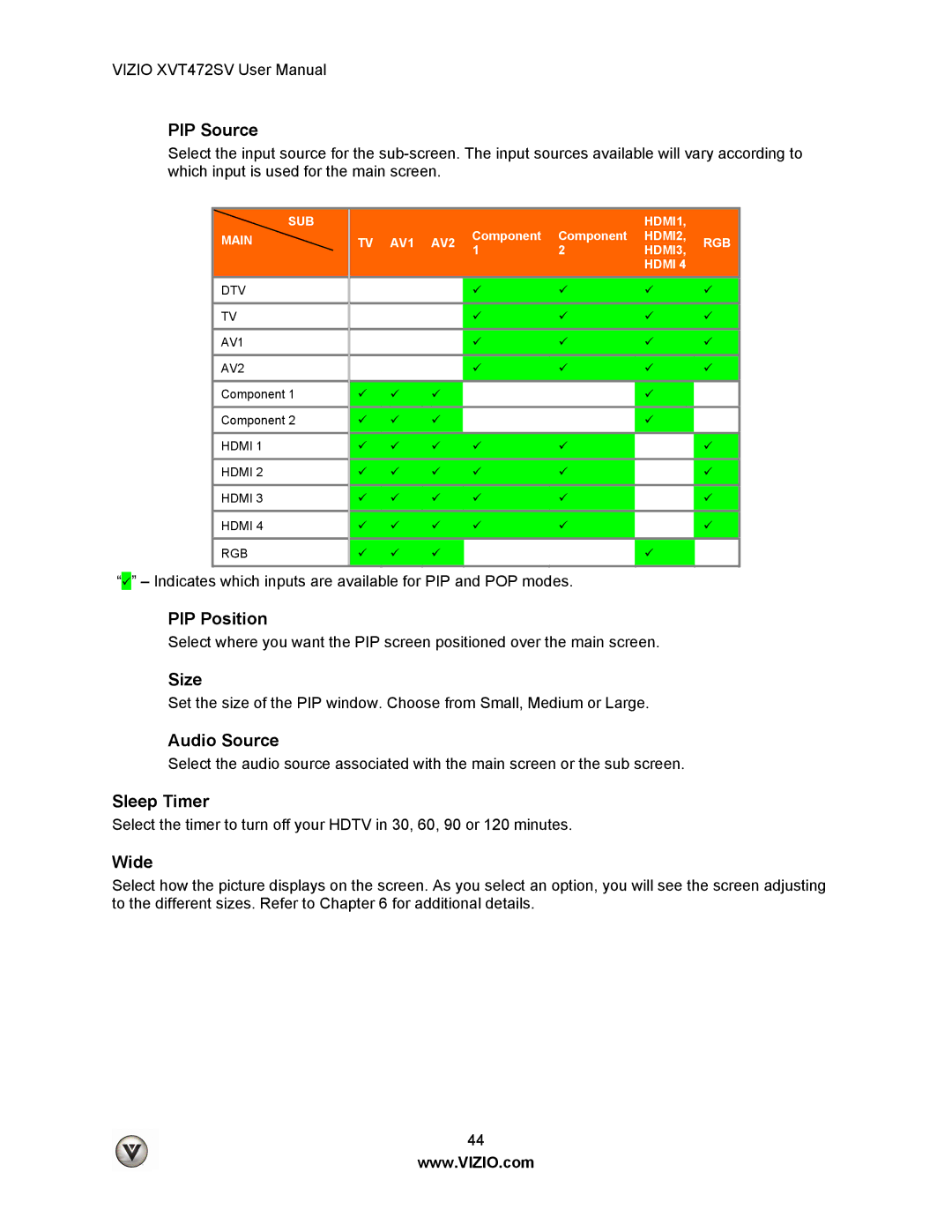 Vizio XVT472SV manual PIP Source, PIP Position, Size, Audio Source, Sleep Timer, Wide 