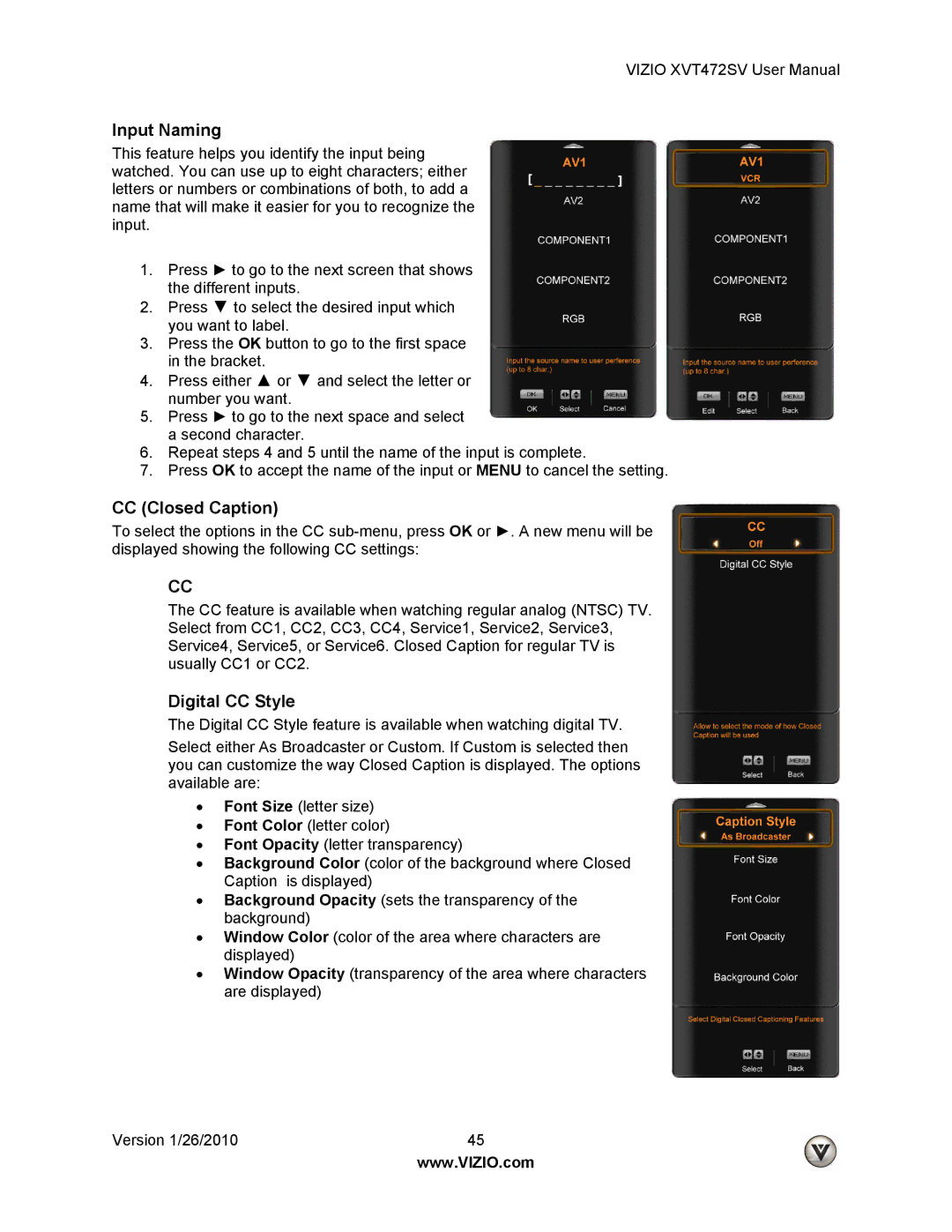 Vizio XVT472SV manual Input Naming, CC Closed Caption, Digital CC Style 