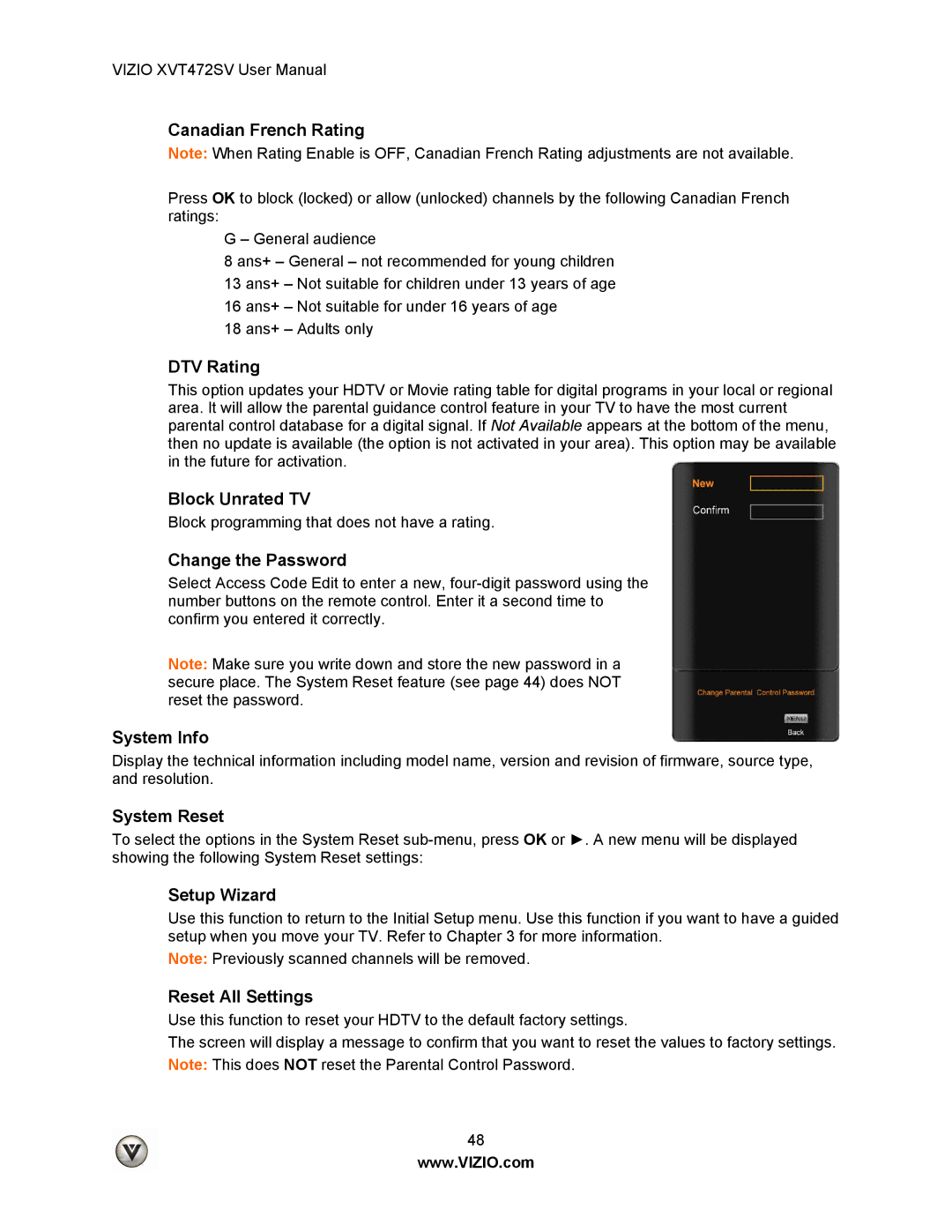 Vizio XVT472SV manual Canadian French Rating, DTV Rating, Block Unrated TV, Change the Password, System Info, System Reset 