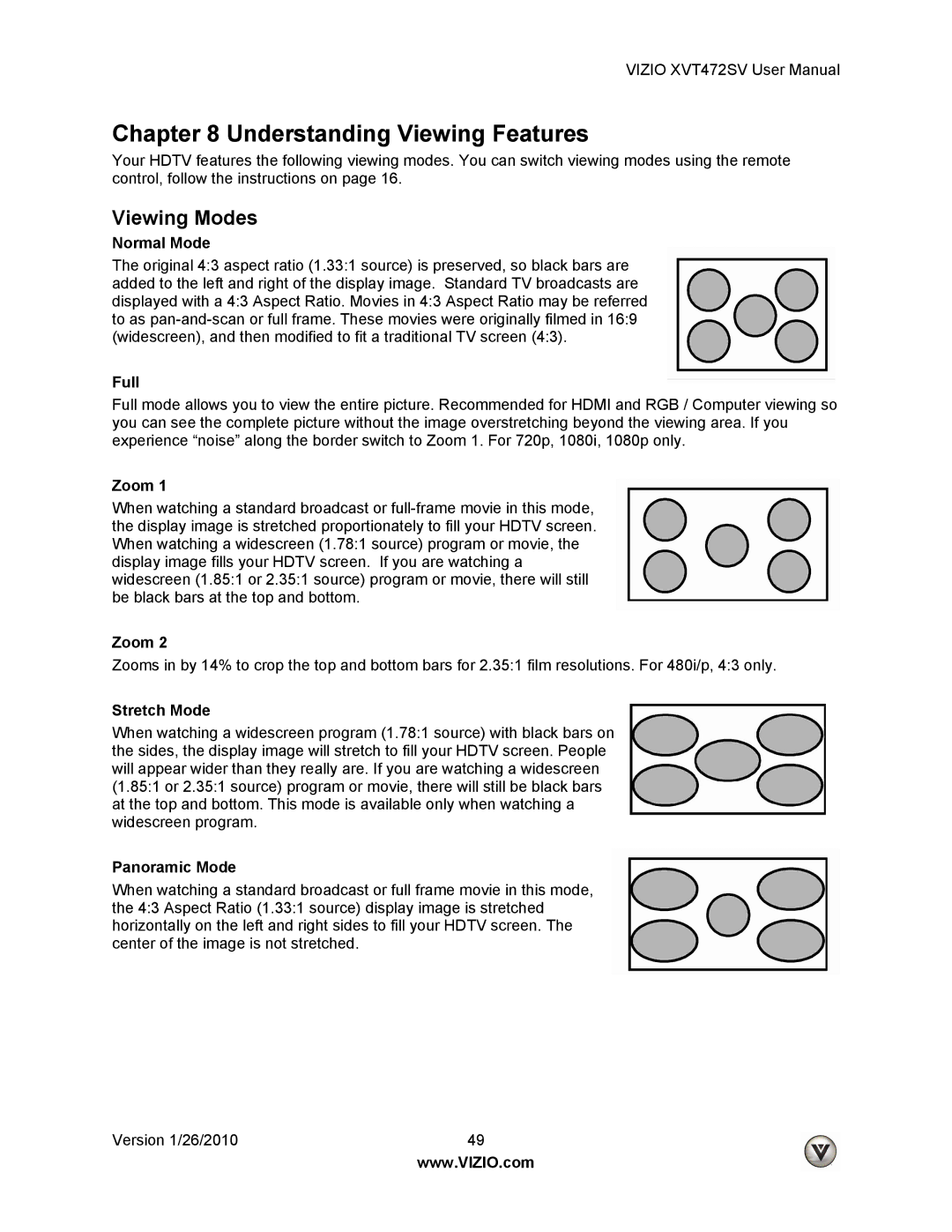 Vizio XVT472SV manual Understanding Viewing Features, Viewing Modes 