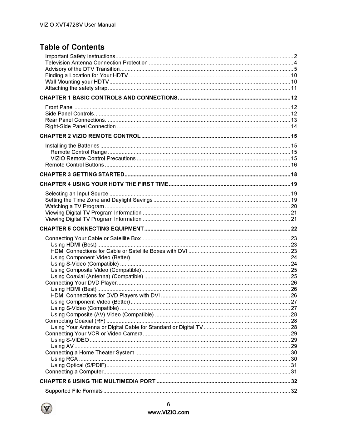 Vizio XVT472SV manual Table of Contents 