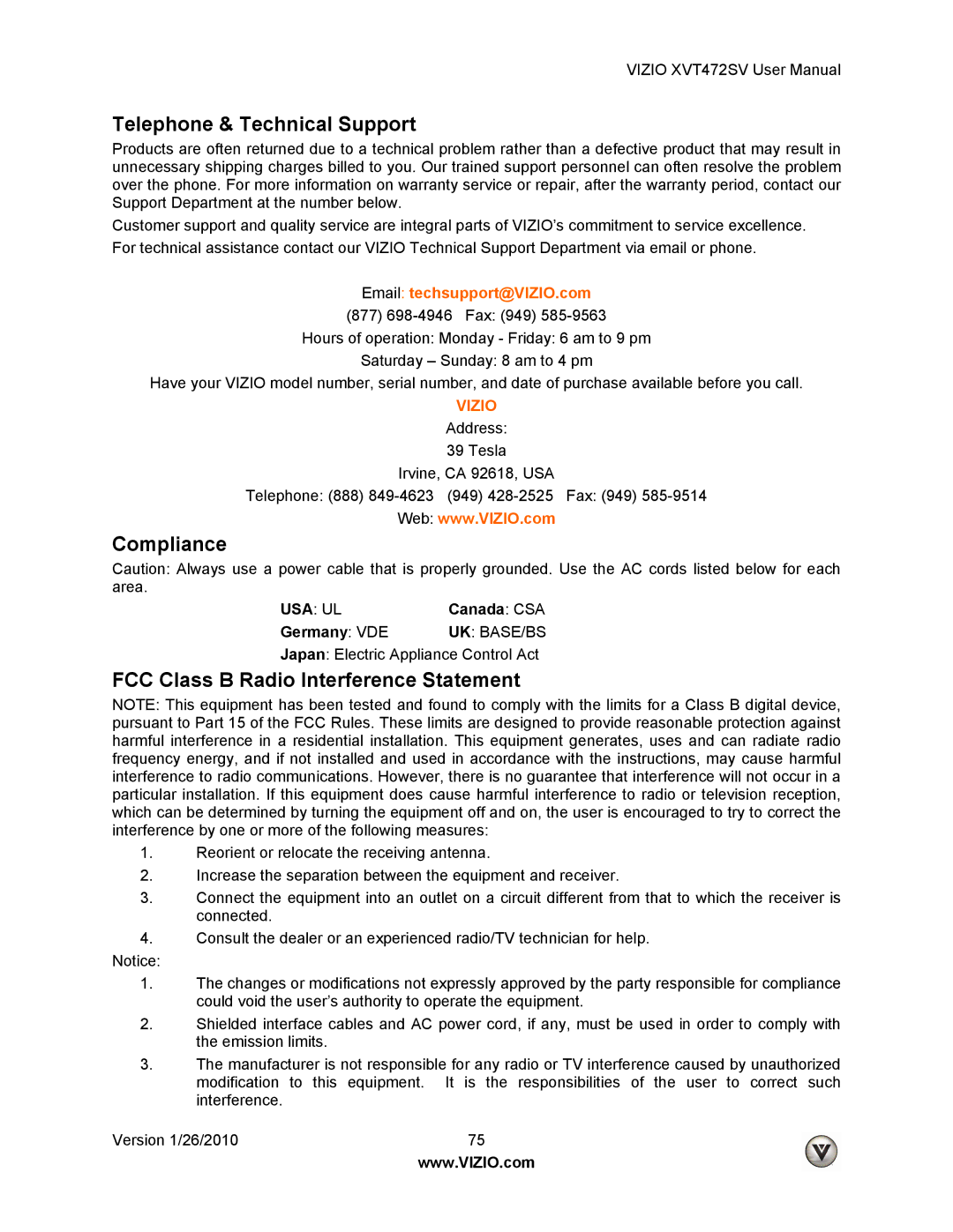 Vizio XVT472SV manual Telephone & Technical Support, Compliance, FCC Class B Radio Interference Statement 