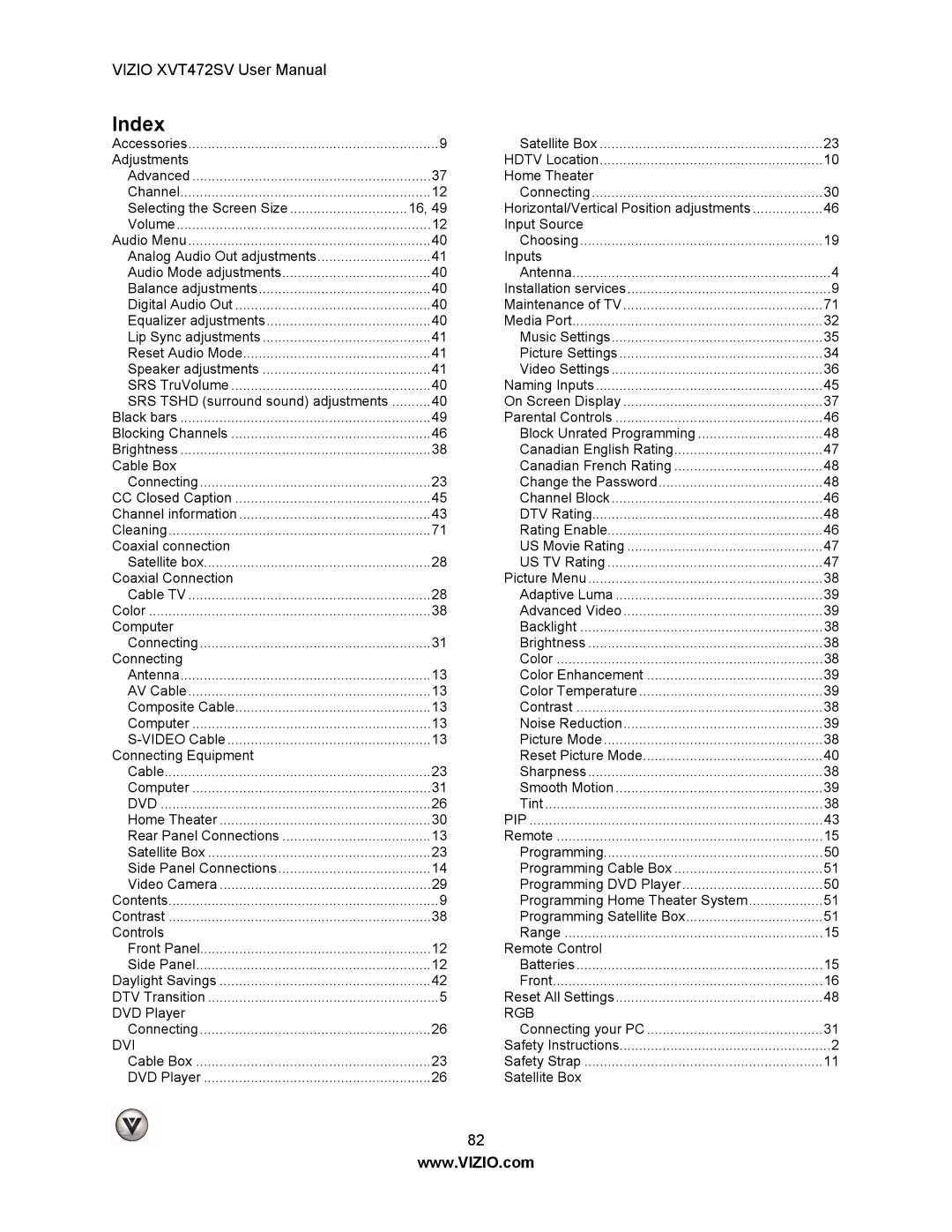 Vizio XVT472SV manual Index, Dvd 