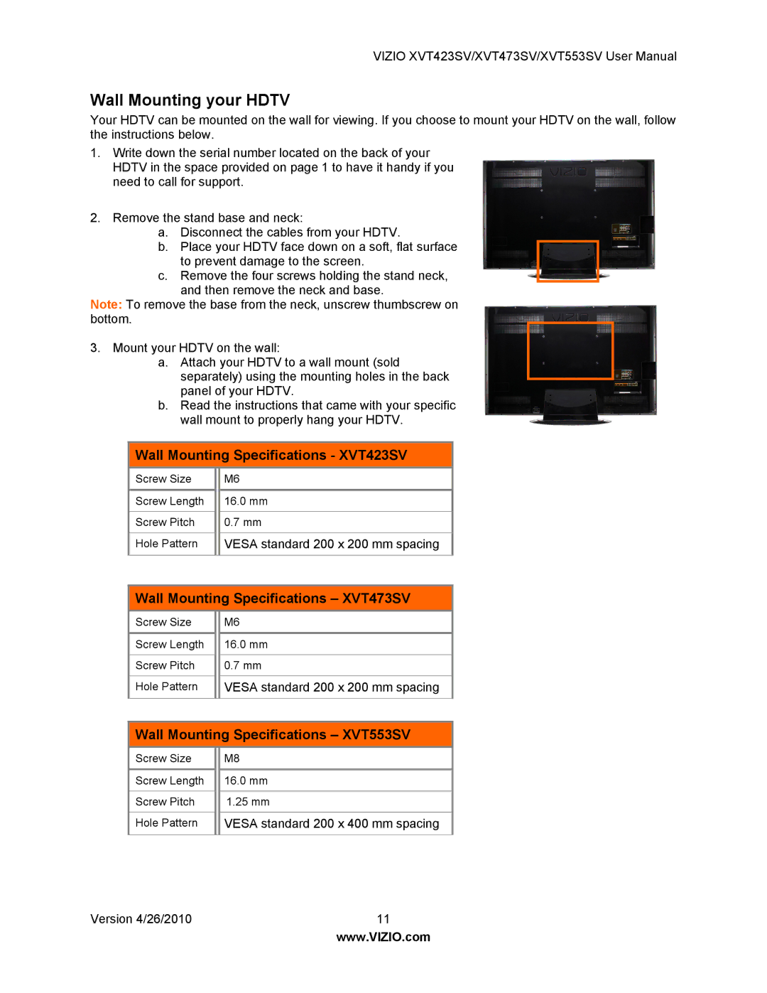 Vizio user manual Wall Mounting your Hdtv, Wall Mounting Specifications XVT423SV, Wall Mounting Specifications XVT473SV 