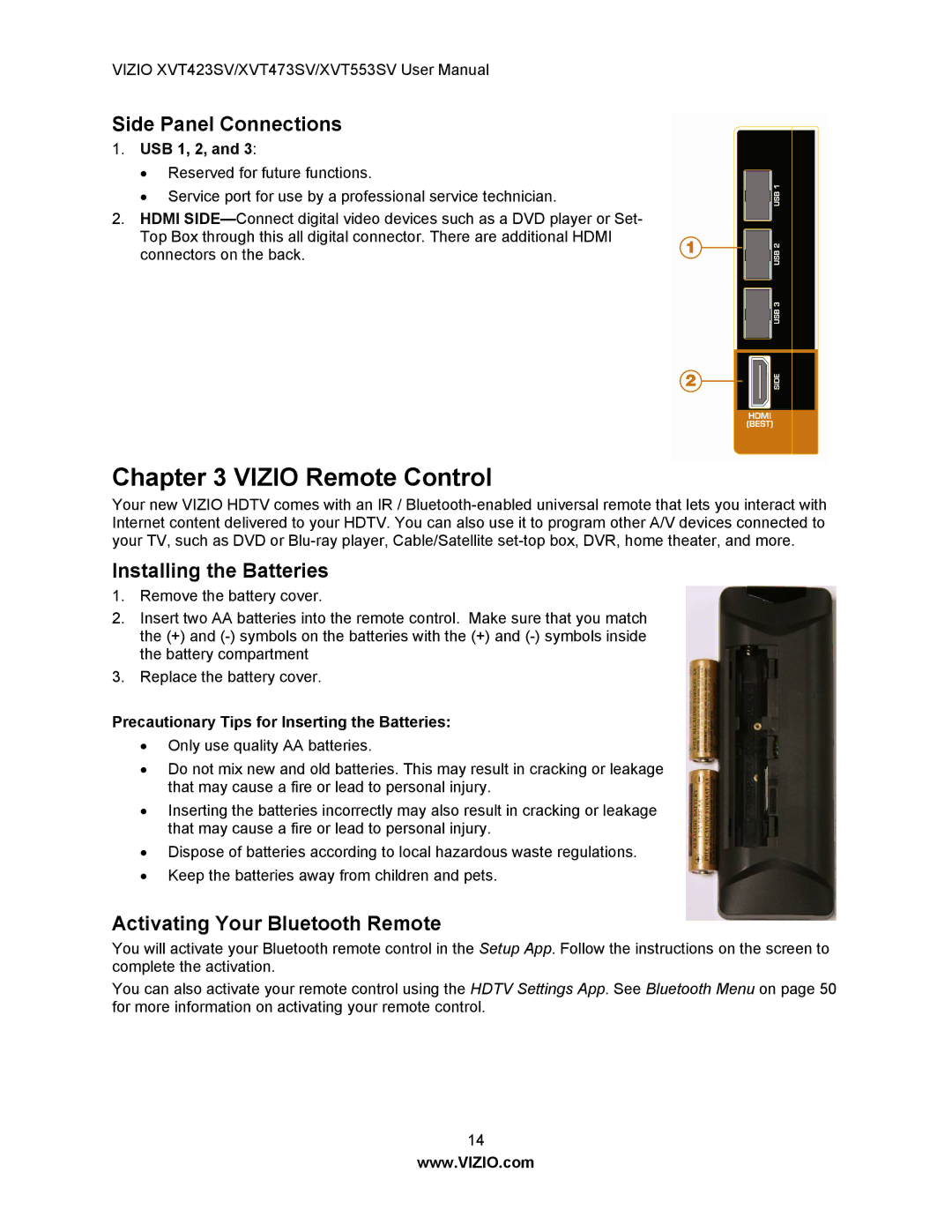 Vizio XVT473SV, XVT423SV Side Panel Connections, Installing the Batteries, Activating Your Bluetooth Remote, USB 1, 2 