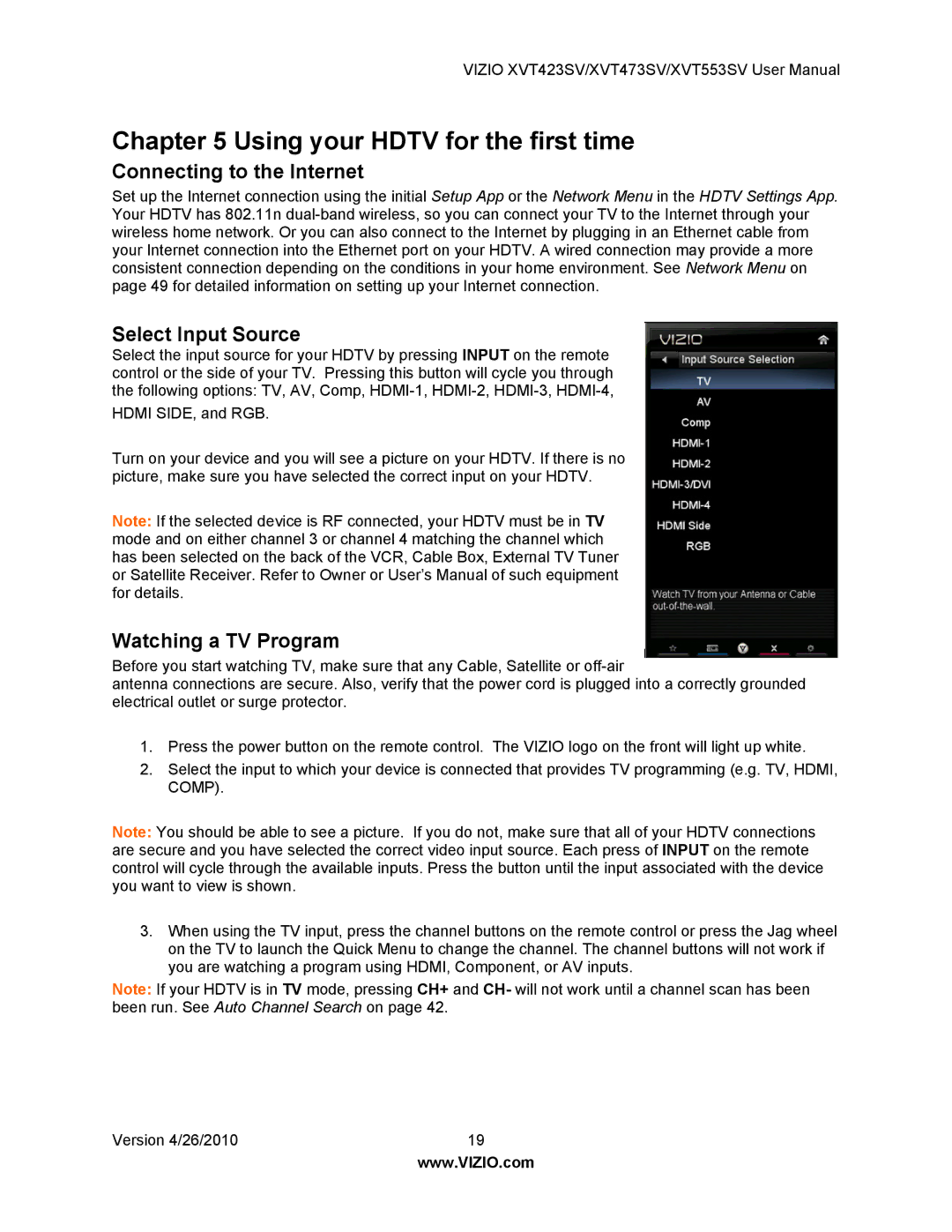 Vizio XVT423SV, XVT473SV user manual Connecting to the Internet, Select Input Source, Watching a TV Program 