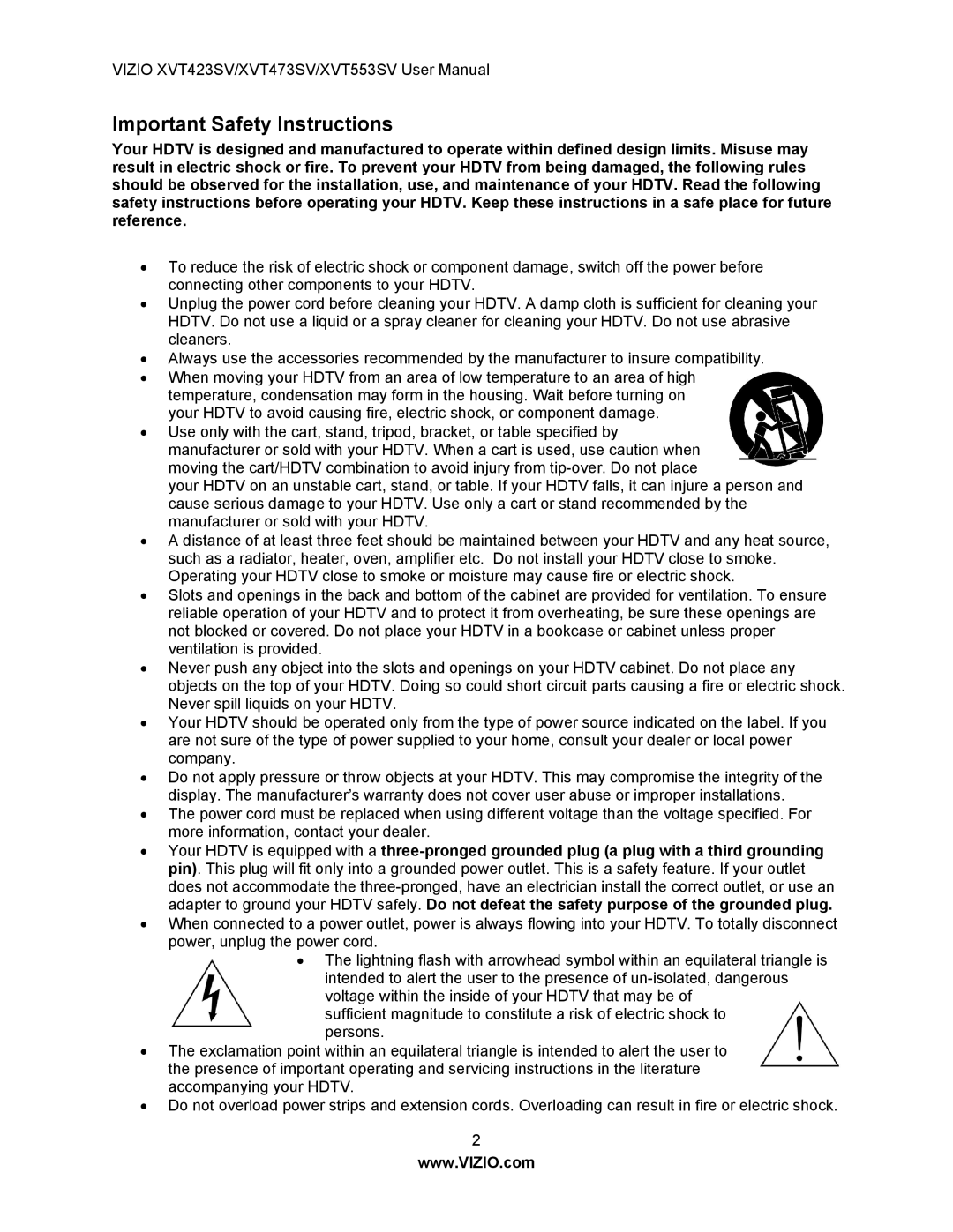 Vizio XVT473SV, XVT423SV user manual Important Safety Instructions 