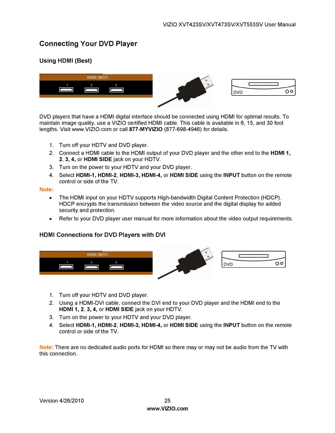 Vizio XVT423SV, XVT473SV user manual Connecting Your DVD Player, Hdmi Connections for DVD Players with DVI 