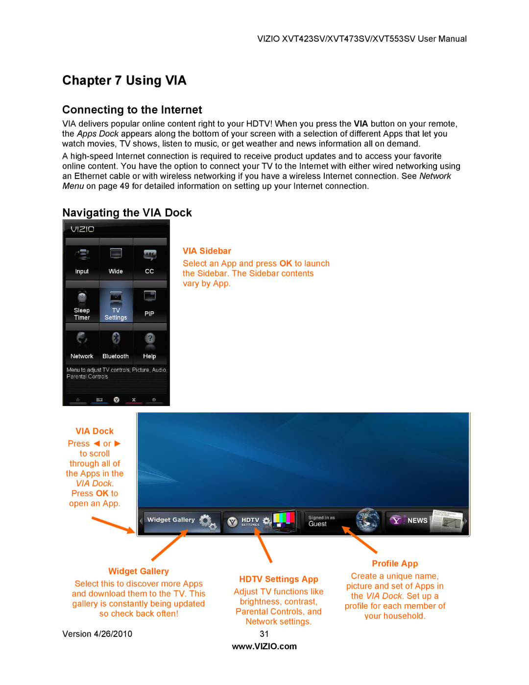 Vizio XVT423SV, XVT473SV user manual Using VIA, Navigating the VIA Dock 