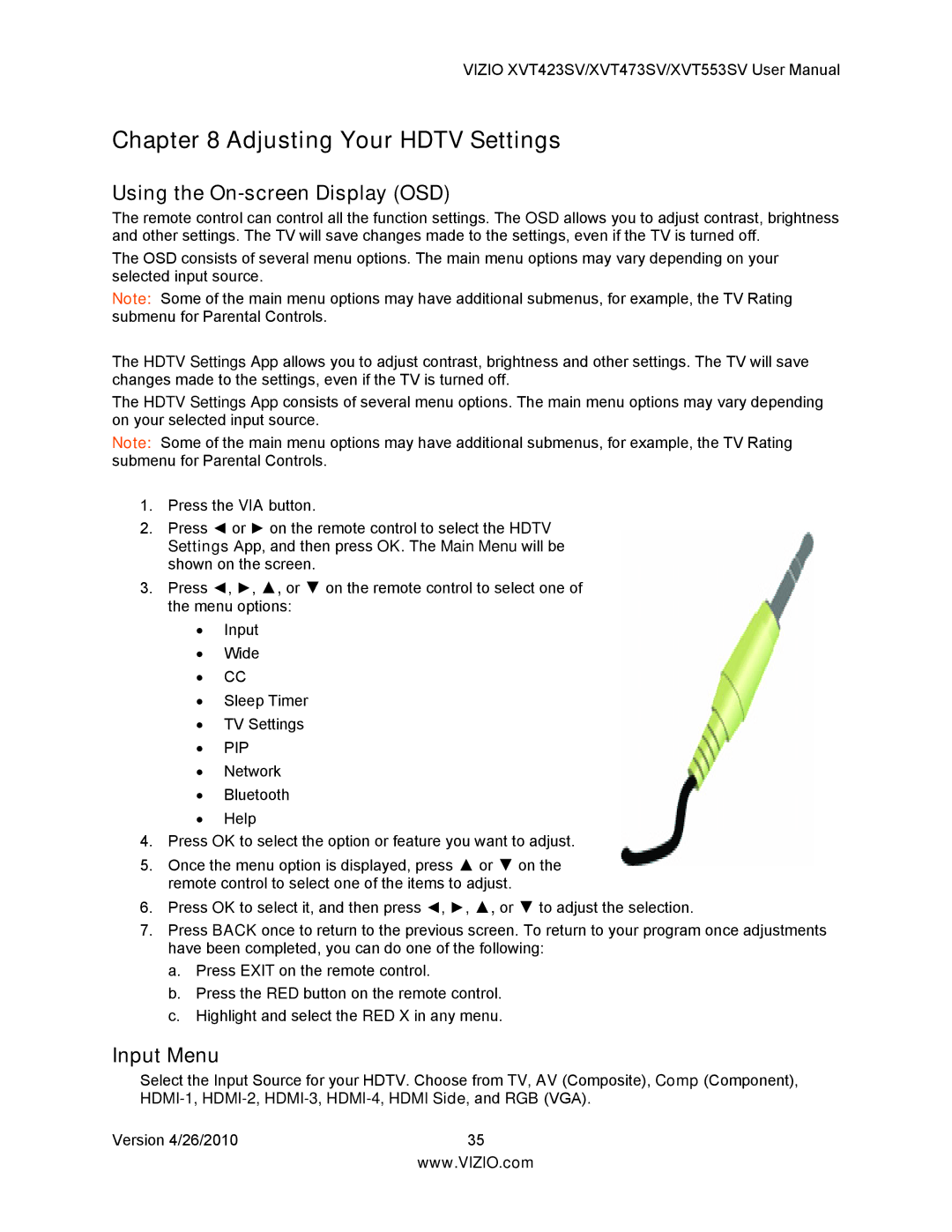 Vizio XVT423SV, XVT473SV user manual Using the On-screen Display OSD, Input Menu 