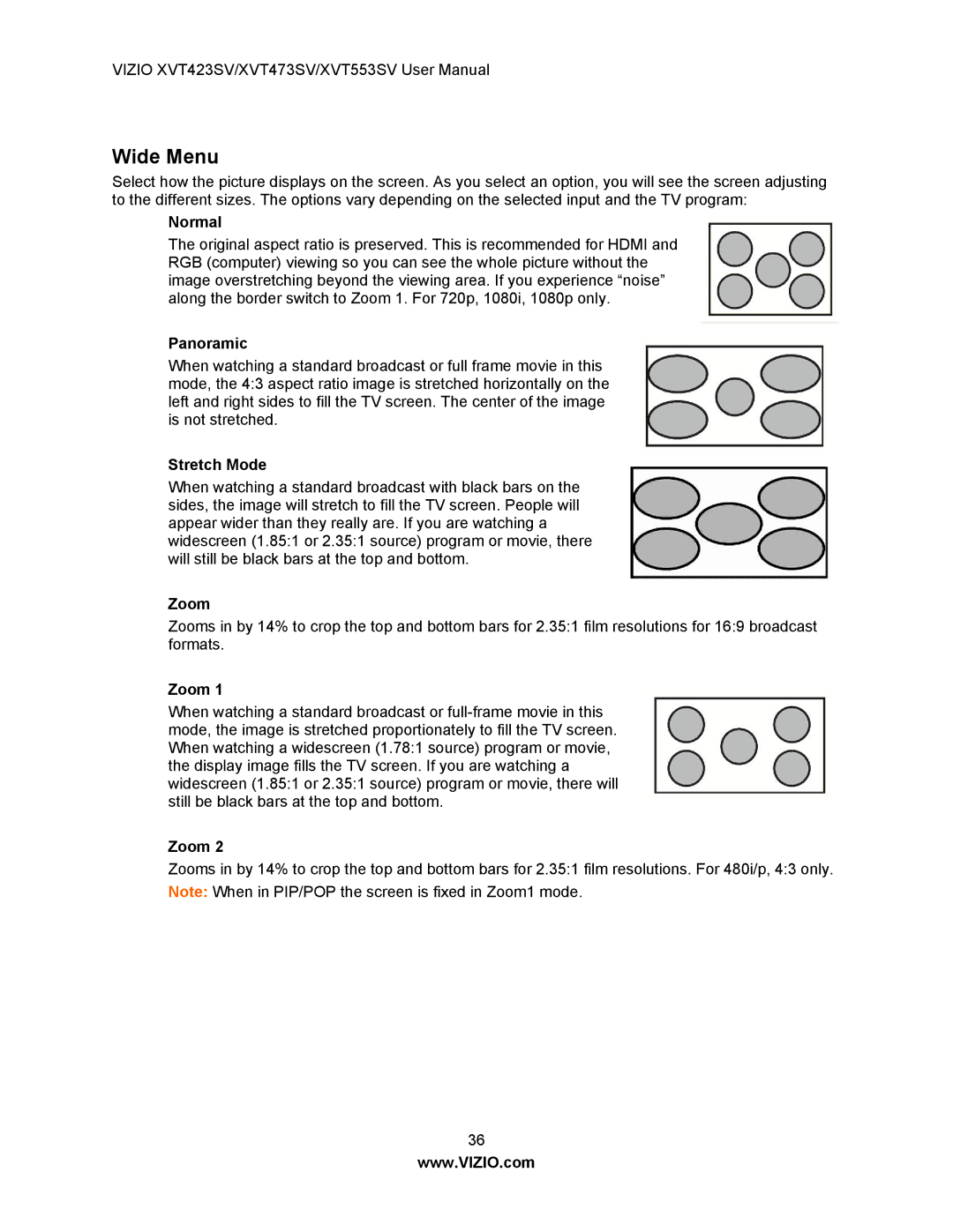 Vizio XVT473SV, XVT423SV user manual Wide Menu, Normal, Panoramic, Stretch Mode, Zoom 