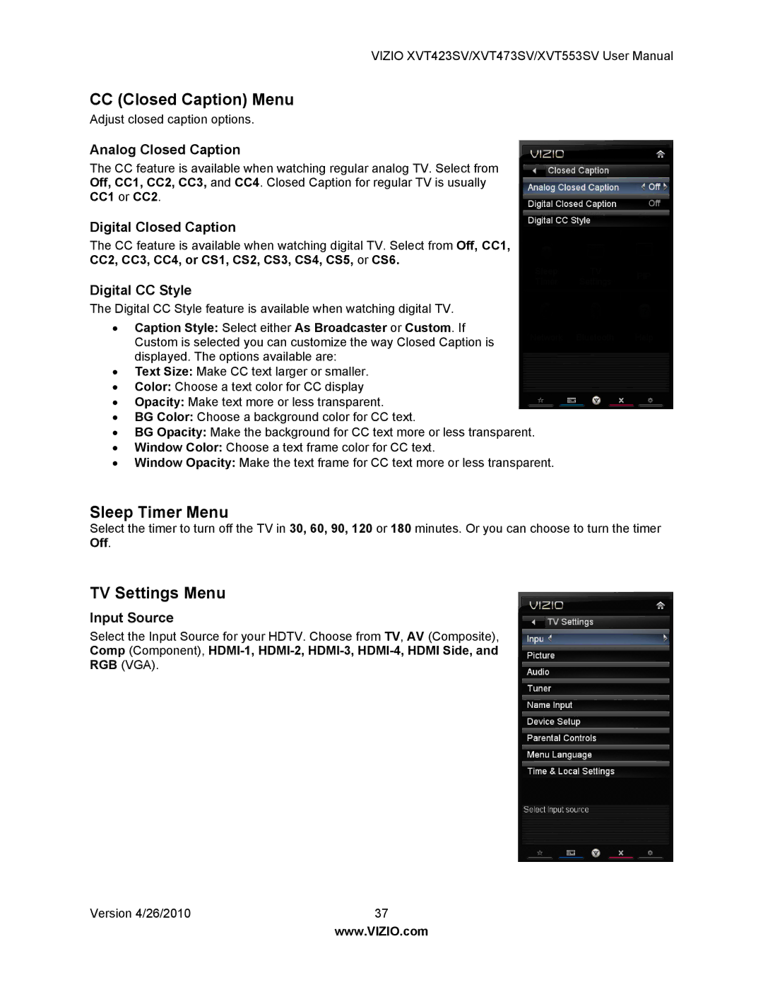 Vizio XVT423SV, XVT473SV user manual CC Closed Caption Menu, Sleep Timer Menu, TV Settings Menu 