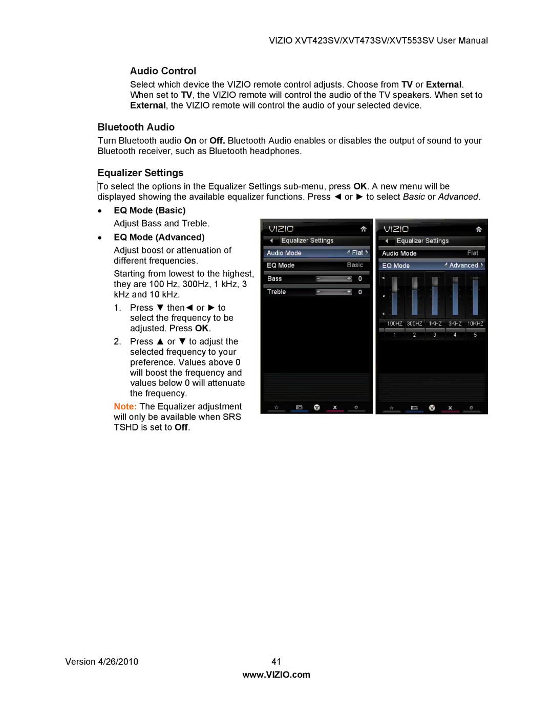 Vizio XVT423SV, XVT473SV user manual Audio Control, Bluetooth Audio, Equalizer Settings 