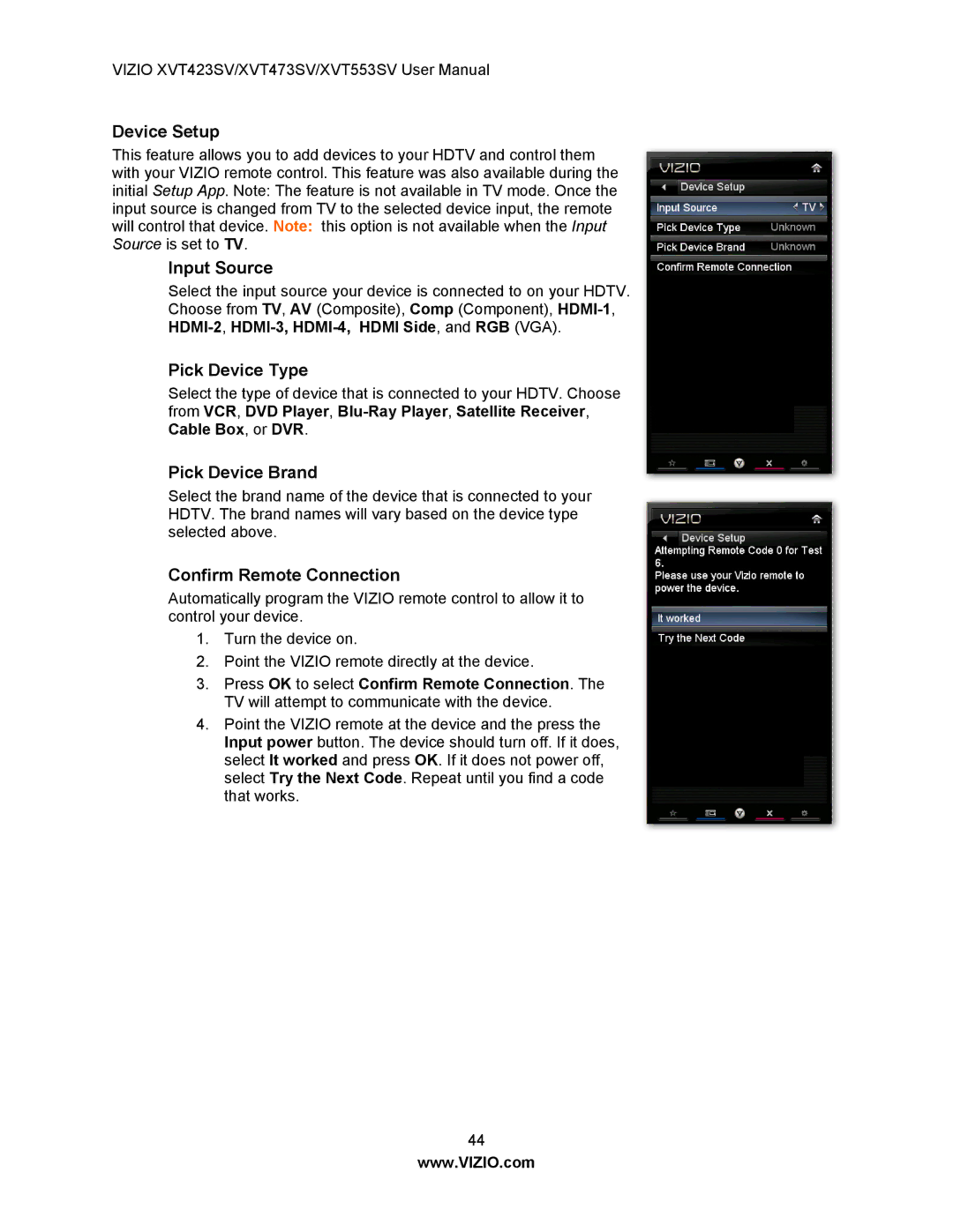 Vizio XVT473SV, XVT423SV user manual Device Setup, Pick Device Type, Pick Device Brand, Confirm Remote Connection 