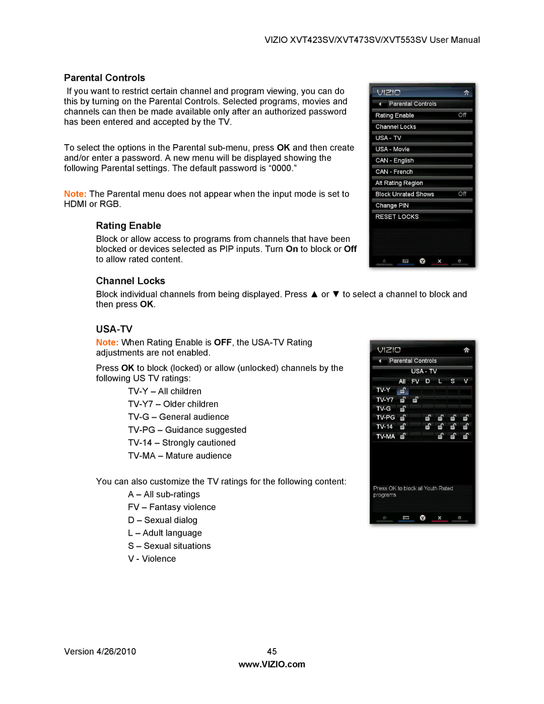 Vizio XVT423SV, XVT473SV user manual Parental Controls, Rating Enable, Channel Locks 