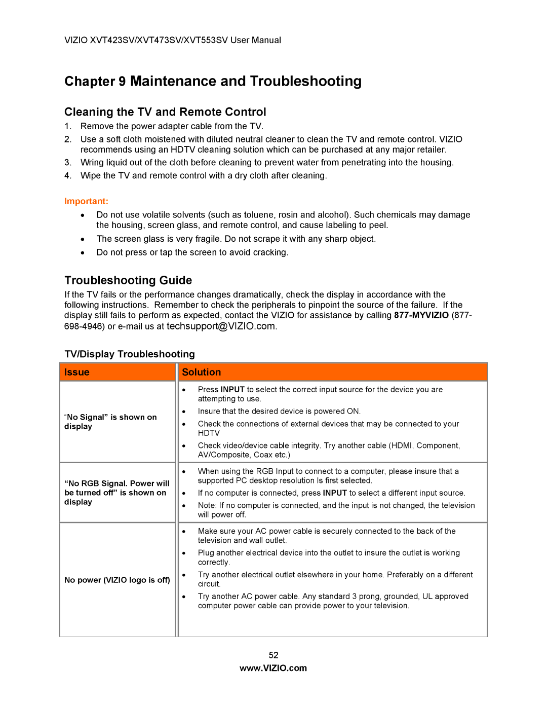 Vizio XVT473SV Cleaning the TV and Remote Control, Troubleshooting Guide, TV/Display Troubleshooting Issue Solution 