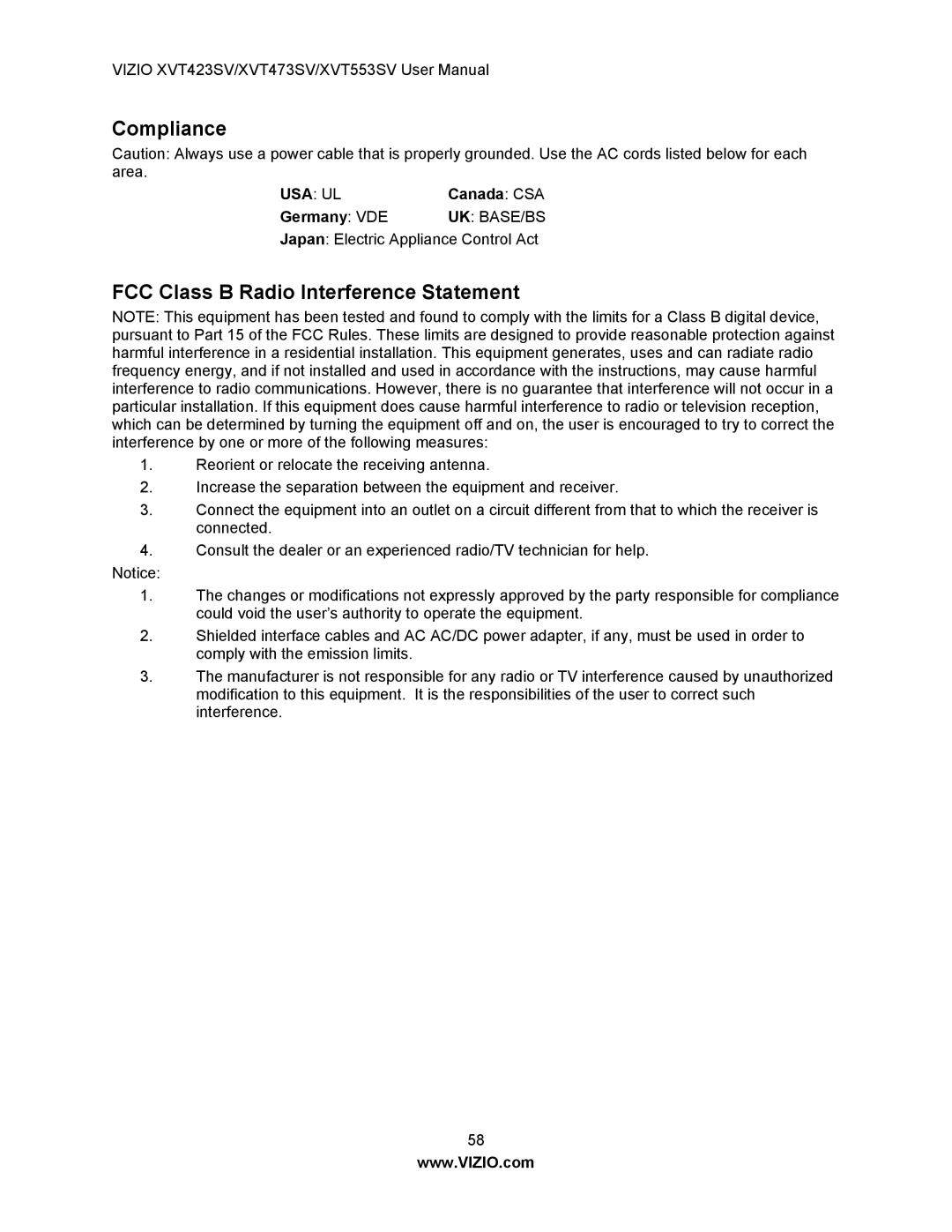 Vizio XVT473SV, XVT423SV user manual Compliance, FCC Class B Radio Interference Statement 