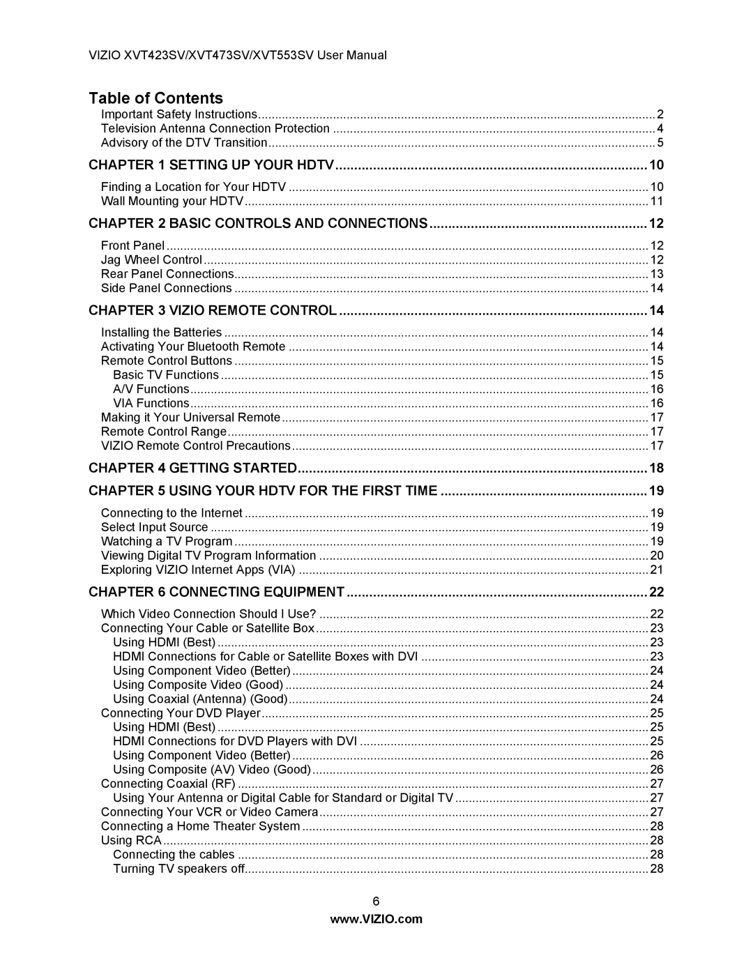 Vizio XVT473SV, XVT423SV user manual Table of Contents 