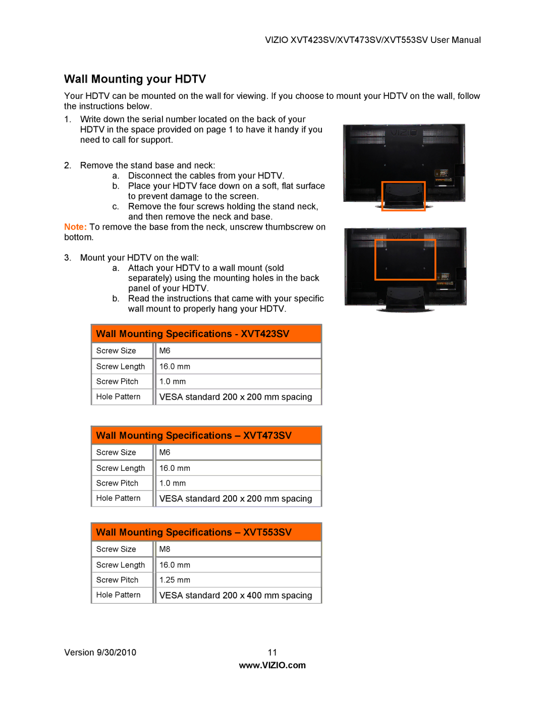 Vizio XVT553SV manual Wall Mounting your Hdtv, Wall Mounting Specifications XVT423SV, Wall Mounting Specifications XVT473SV 