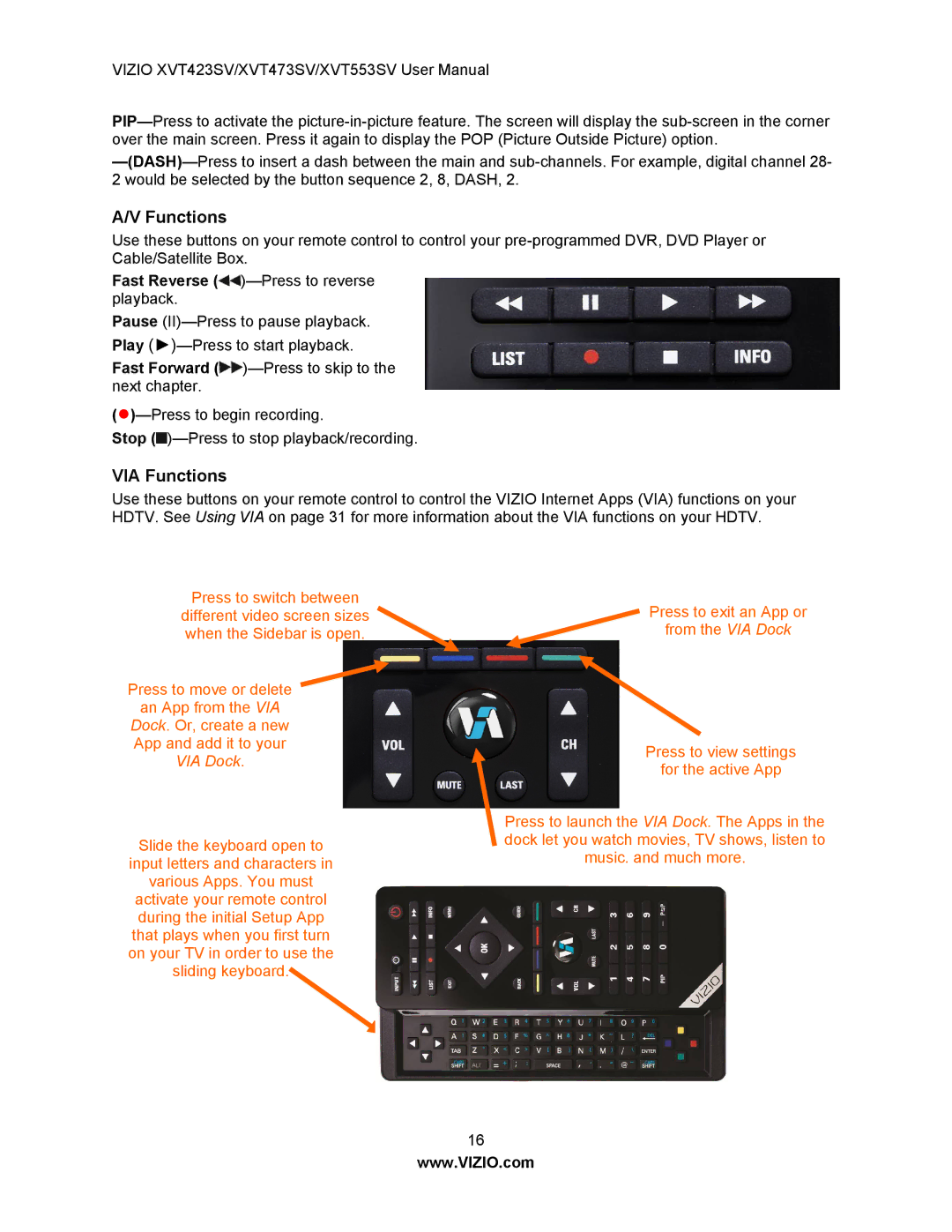 Vizio XVT423SV, XVT553SV, XVT473SV manual VIA Functions 