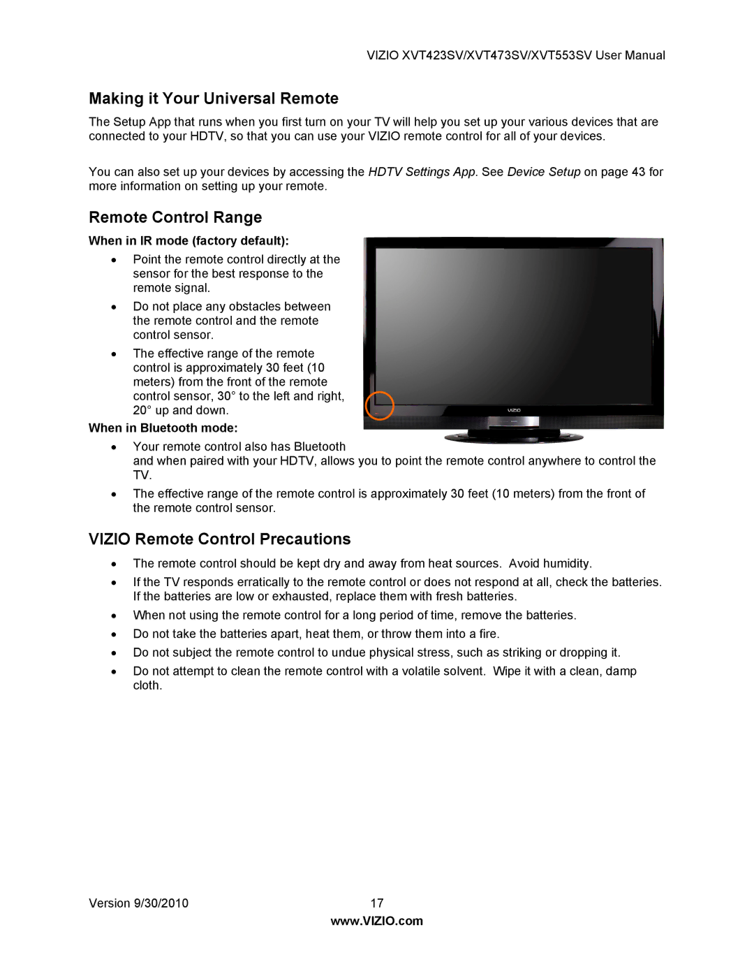 Vizio XVT553SV, XVT473SV, XVT423SV Making it Your Universal Remote, Remote Control Range, Vizio Remote Control Precautions 