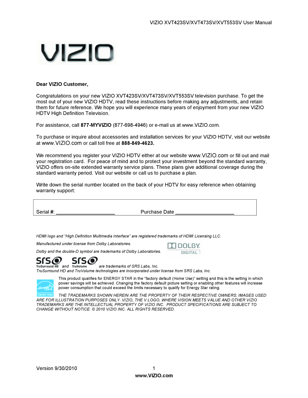 Vizio XVT423SV, XVT553SV, XVT473SV manual Dear Vizio Customer 