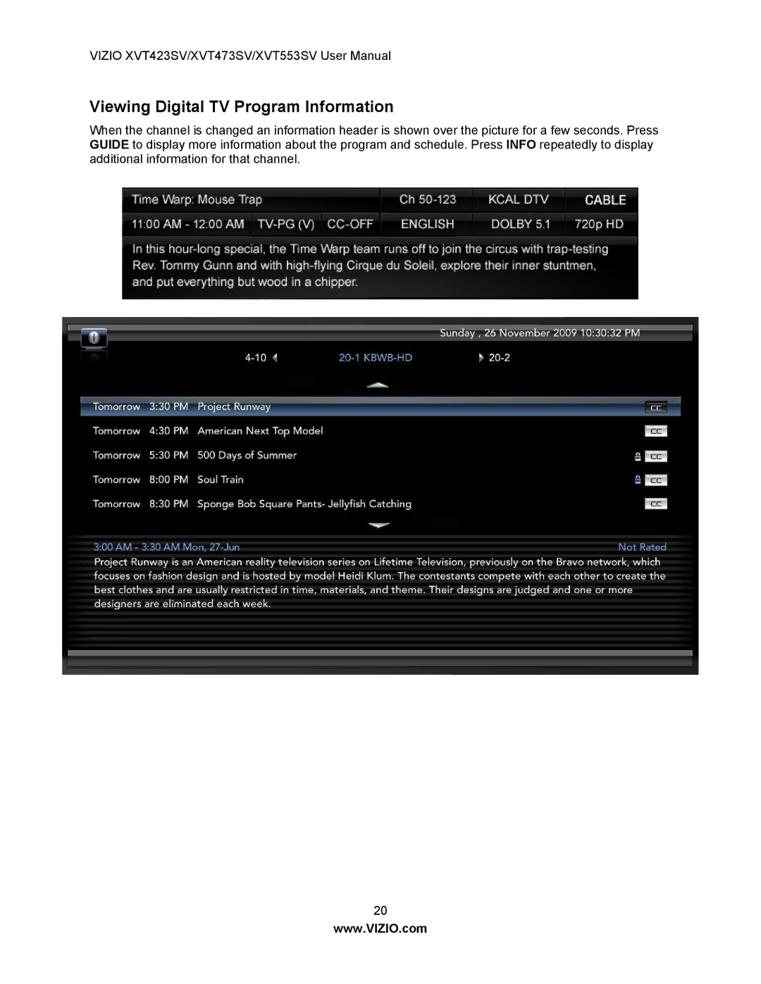 Vizio XVT553SV, XVT473SV, XVT423SV manual Viewing Digital TV Program Information 